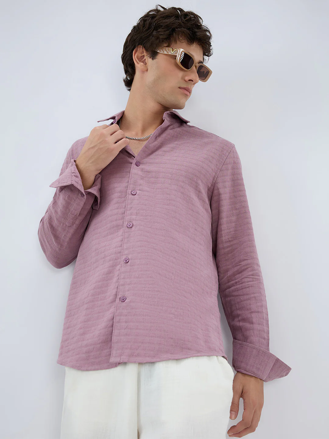 Dusty Rose Horizontal Textured Striped Shirt - Image 4