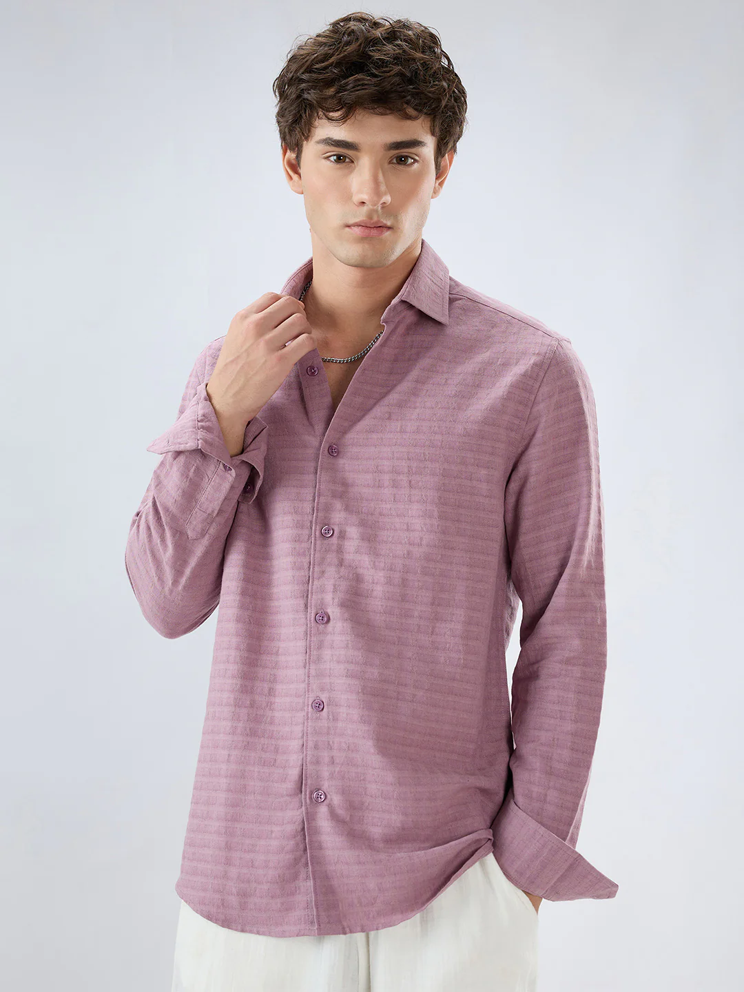 Dusty Rose Horizontal Textured Striped Shirt - Image 5