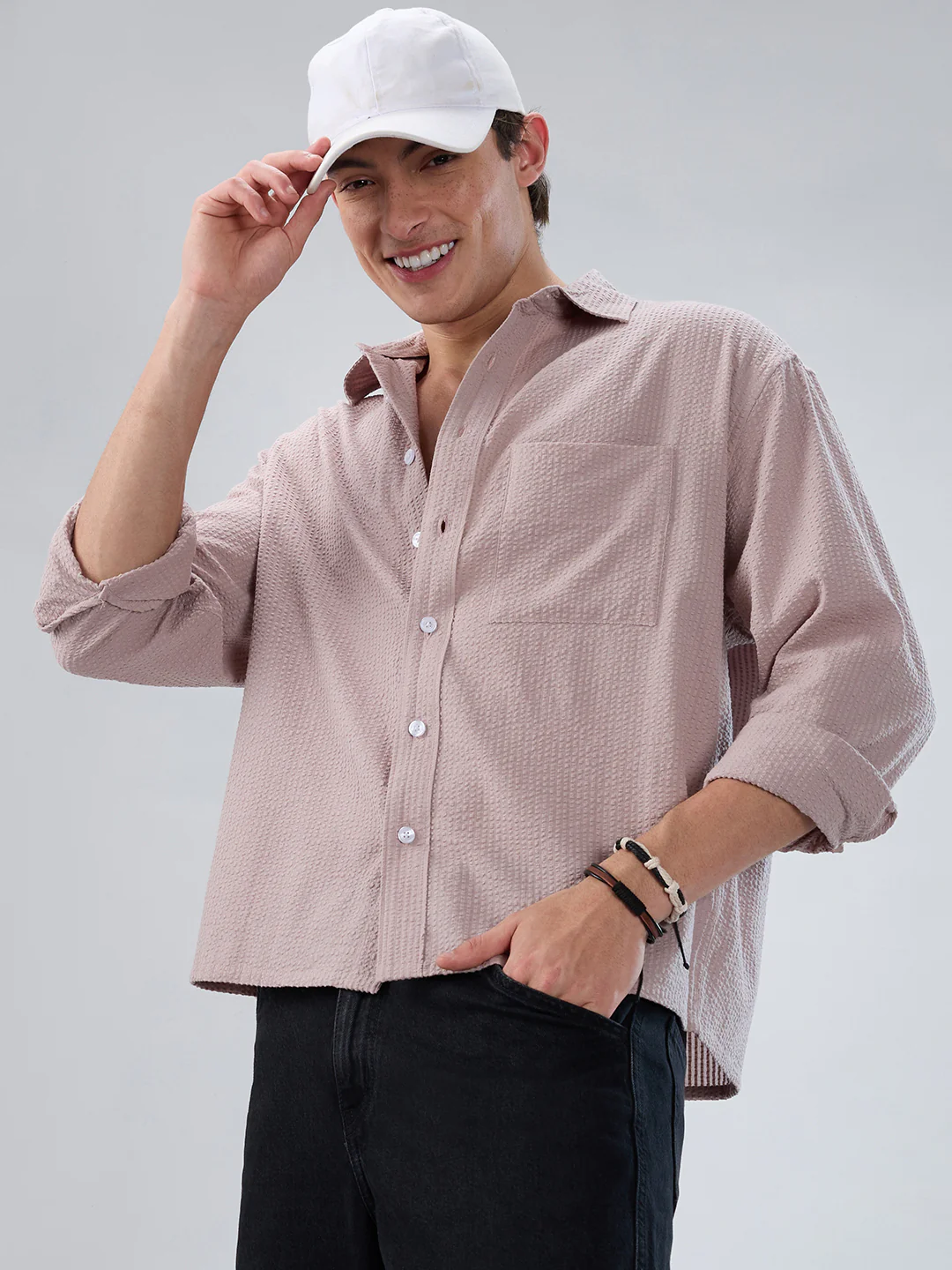 Dusty Rose Seersucker Boxy Fit Crop Shirt - Image 4