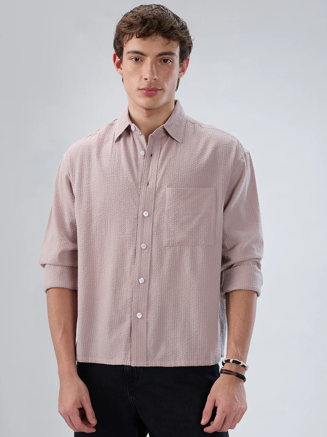 Dusty Rose Seersucker Boxy Fit Crop Shirt - Image 5