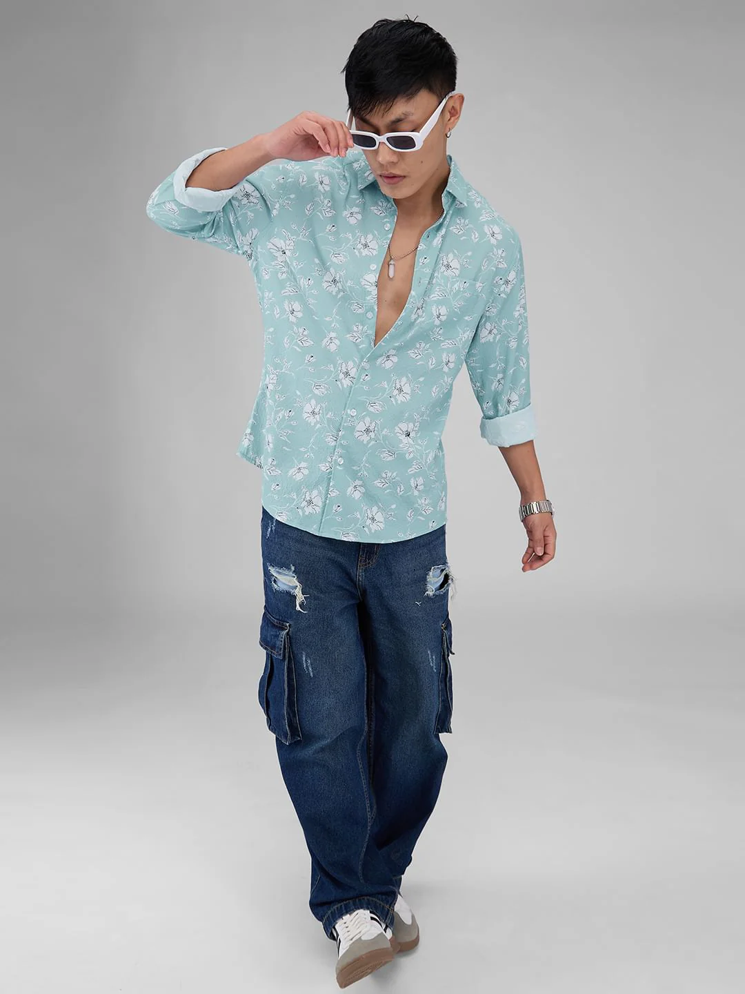 Electric Blue Floral Printed Crushed Shirt - Image 6