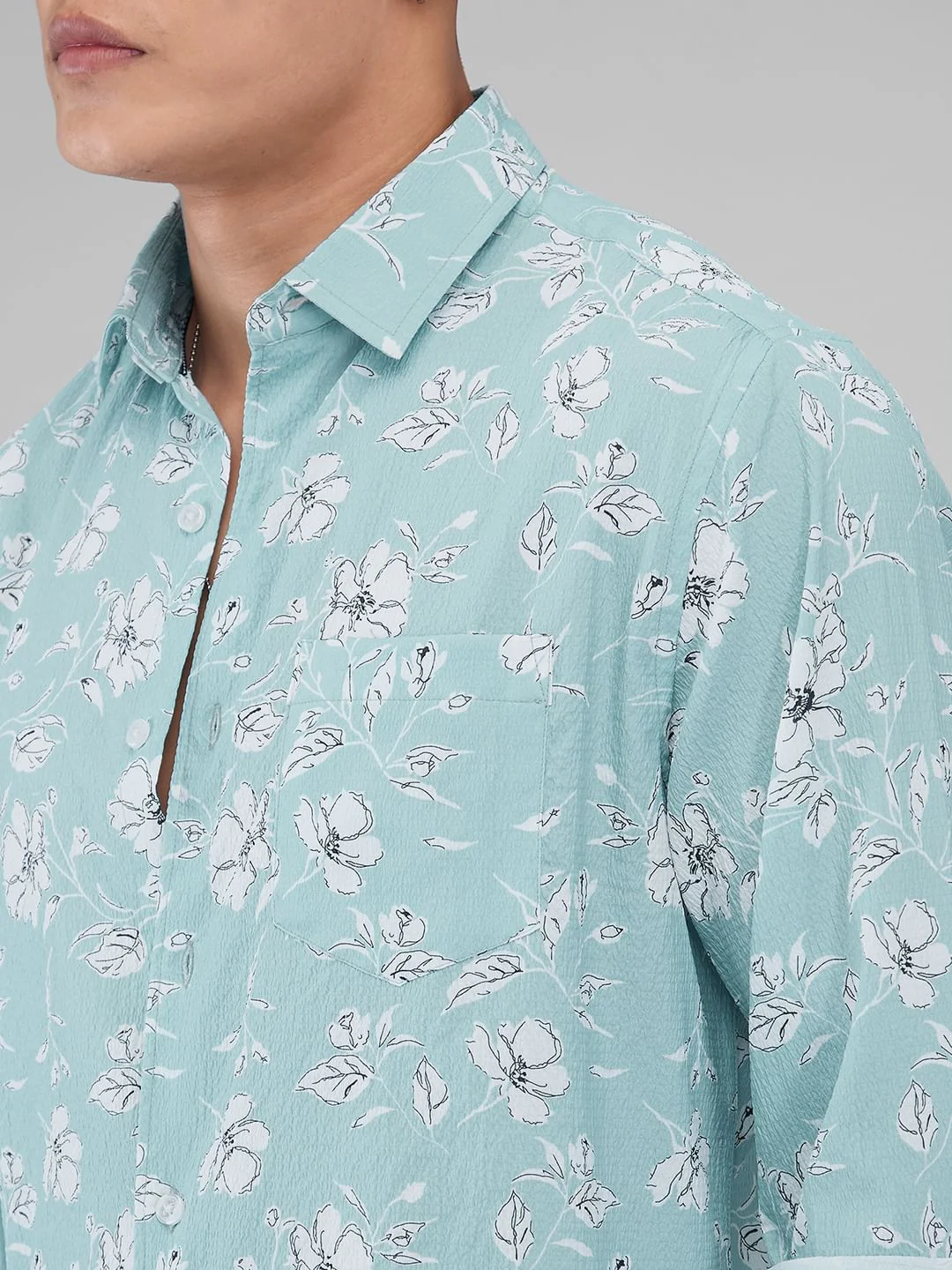 Electric Blue Floral Printed Crushed Shirt - Image 8