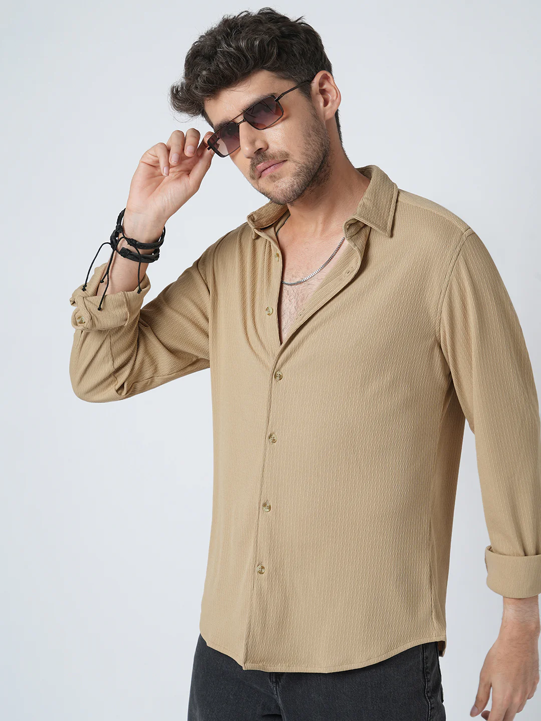 Elegant Beige Textured Knitted Shirt - Image 5