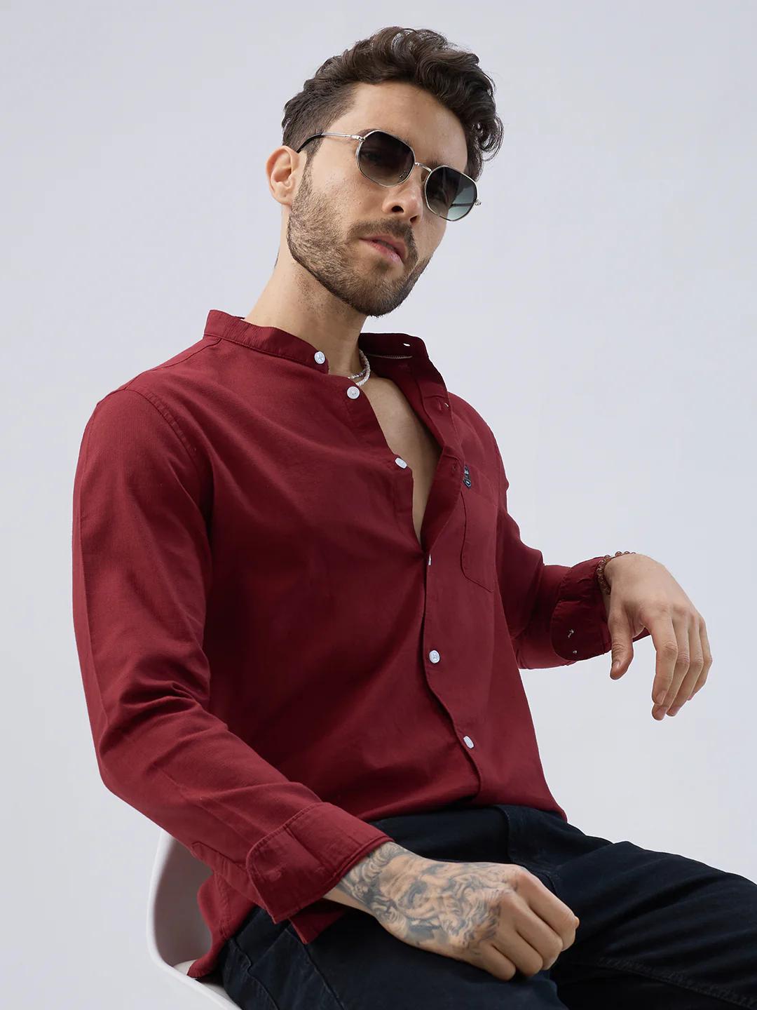Elegant Berry Red Mandarin Collar Shirt - Image 4