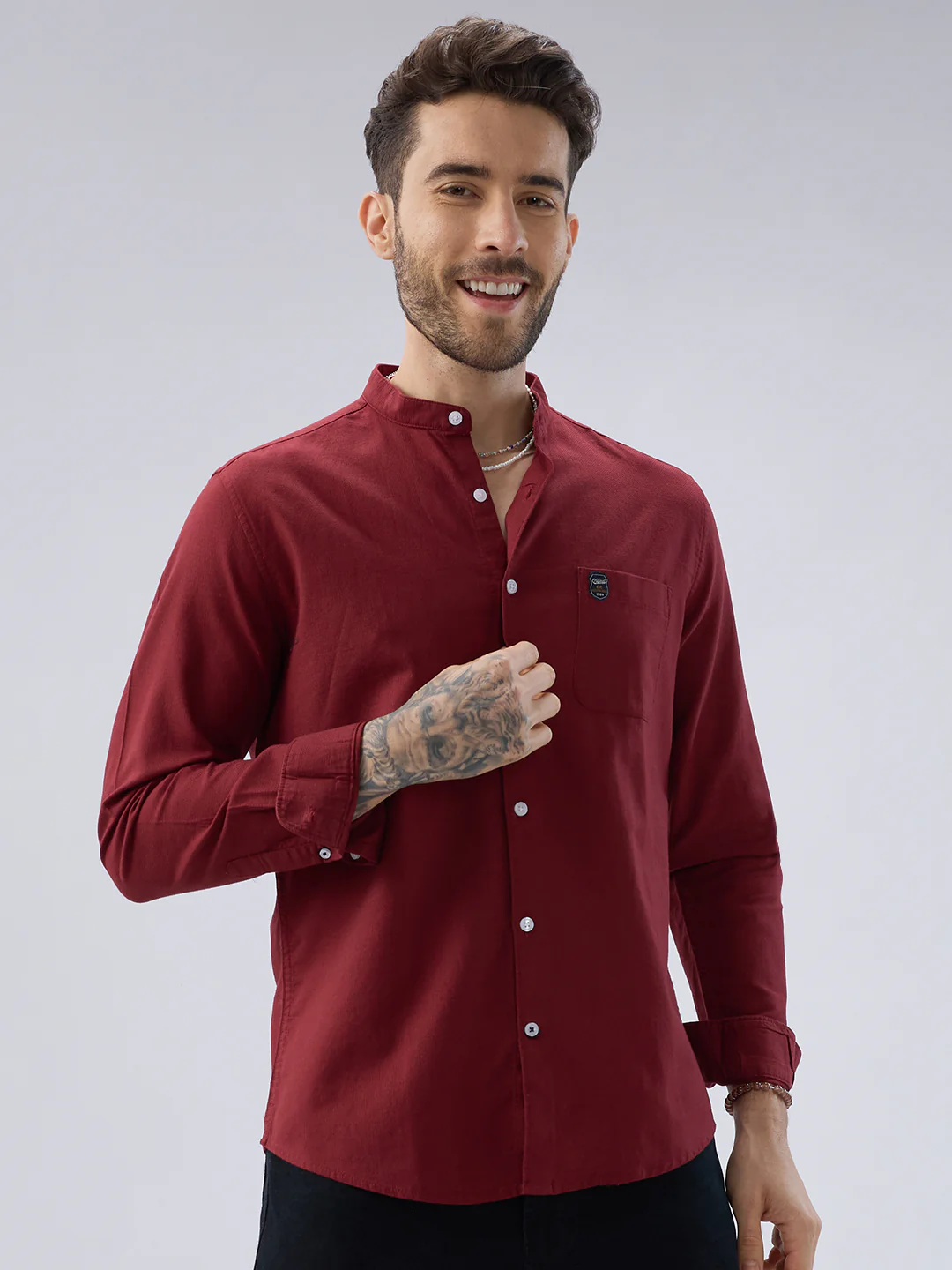 Elegant Berry Red Mandarin Collar Shirt - Image 5