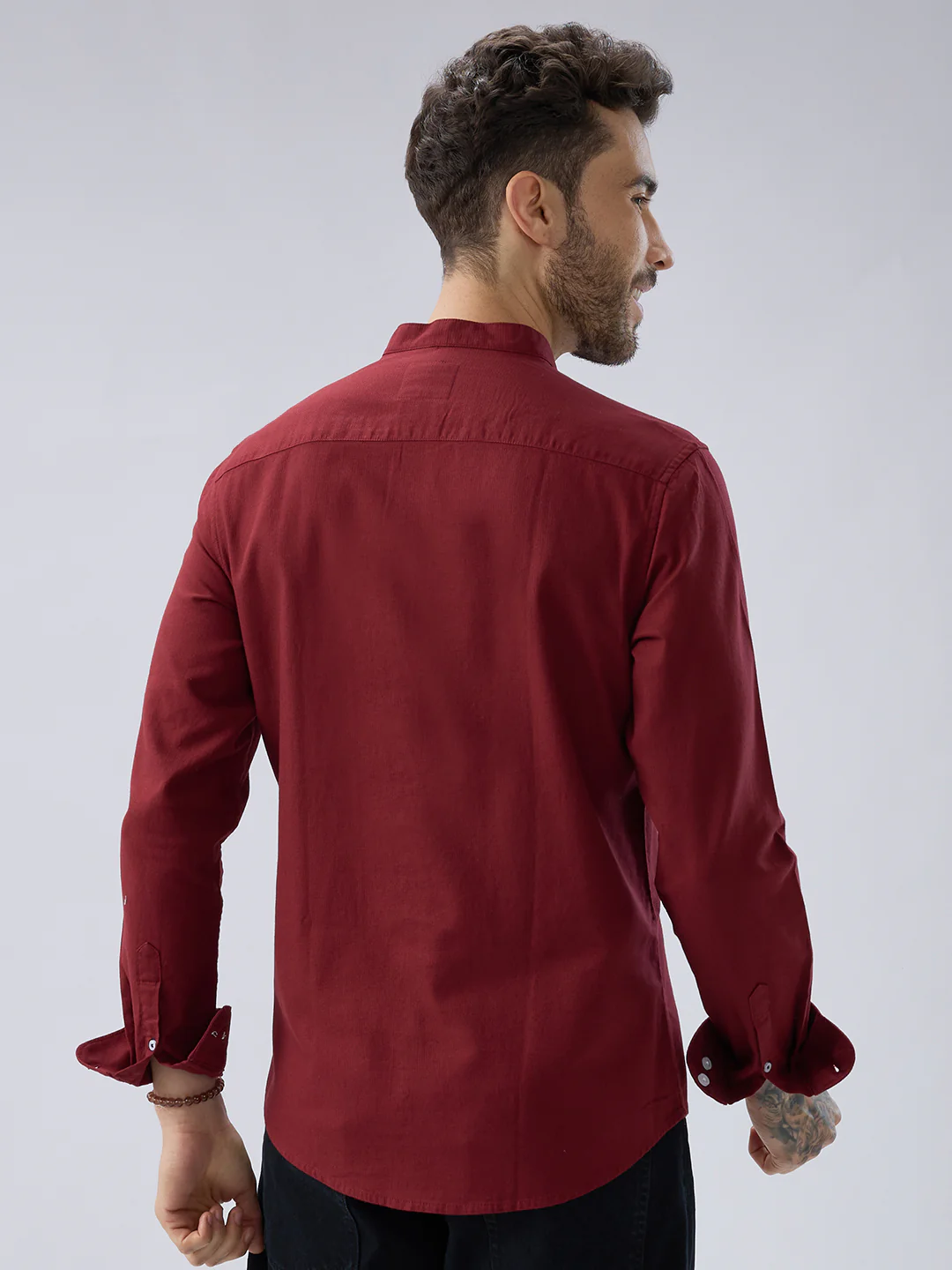 Elegant Berry Red Mandarin Collar Shirt - Image 7