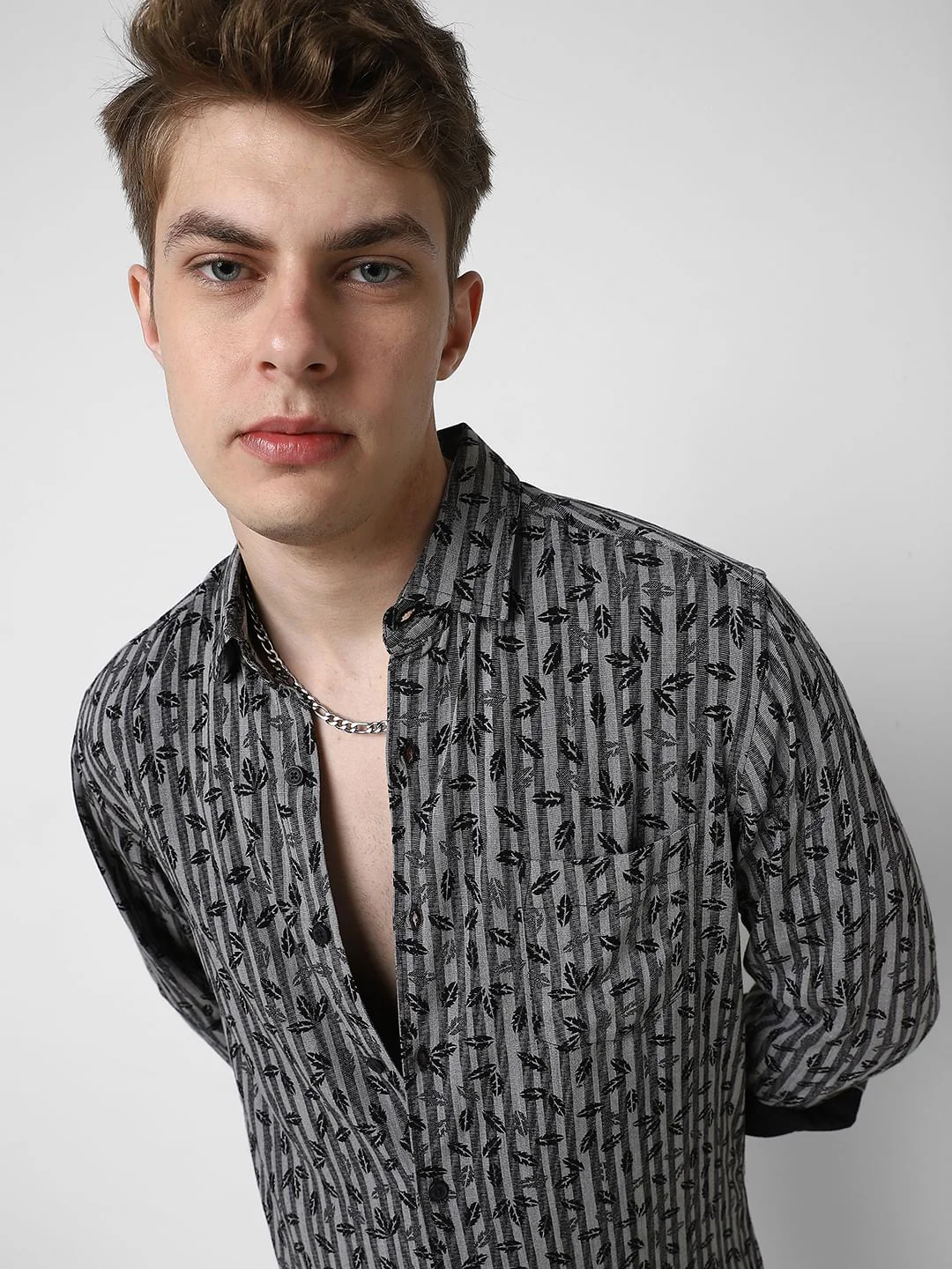 Elegant Black Leafy Striped Shirt - Image 2