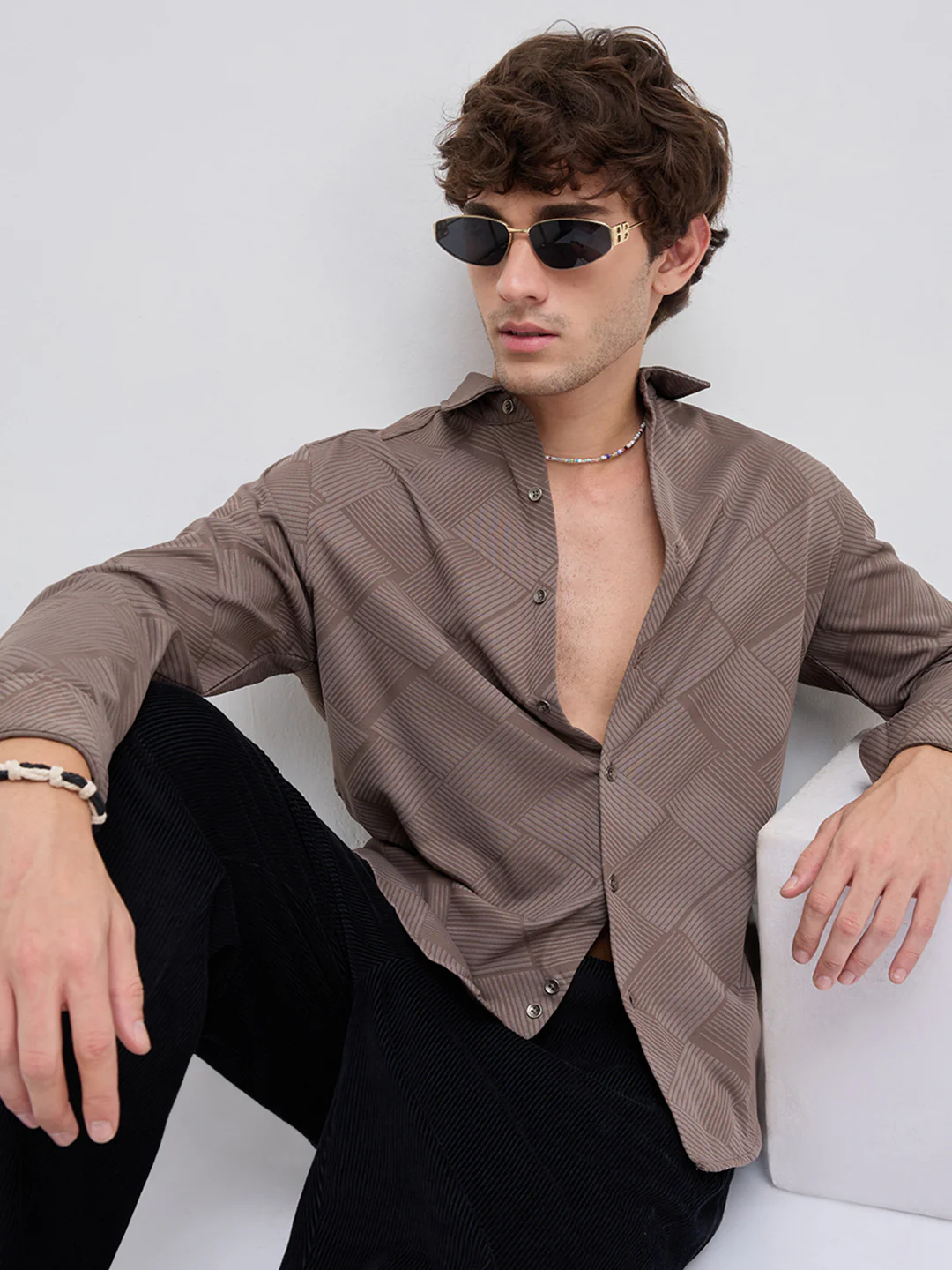 Elegant Brown Block Weave Knitted Shirt