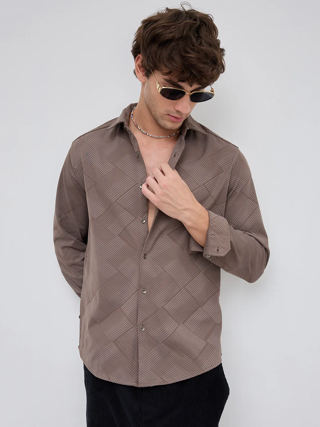 Elegant Brown Block Weave Knitted Shirt - Image 4