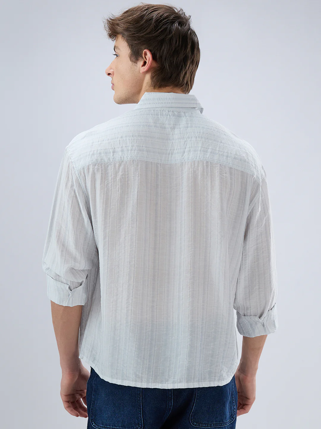 Elegant Cloud Grey Airstripe Crinkled Boxy Fit Crop Shirt - Image 7