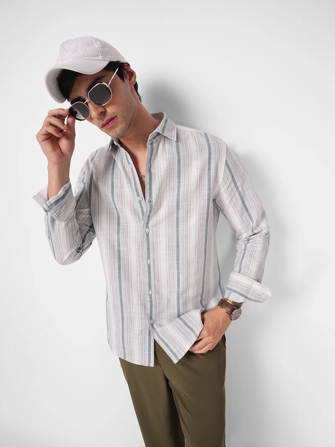 Elegant Grey Multi Pinstripe Panel Shirt - Image 2