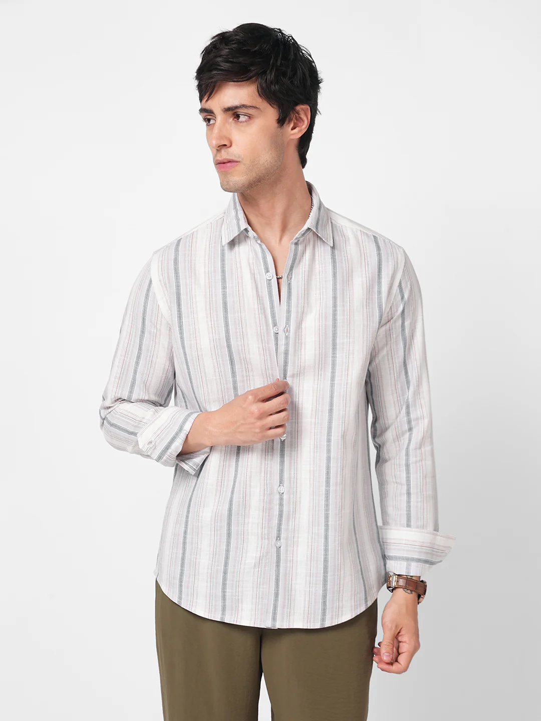 Elegant Grey Multi Pinstripe Panel Shirt - Image 5