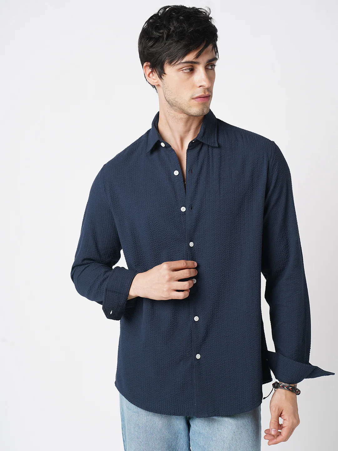 Elegant Navy Seersucker Shirt - Image 5