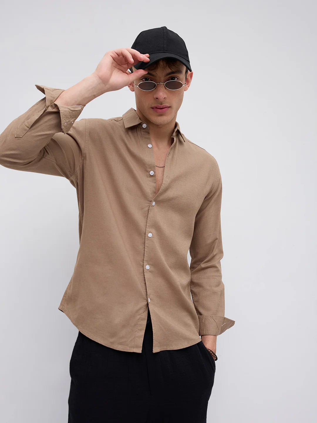 Elegant Pastel Brown Linen Blend Shirt - Image 2