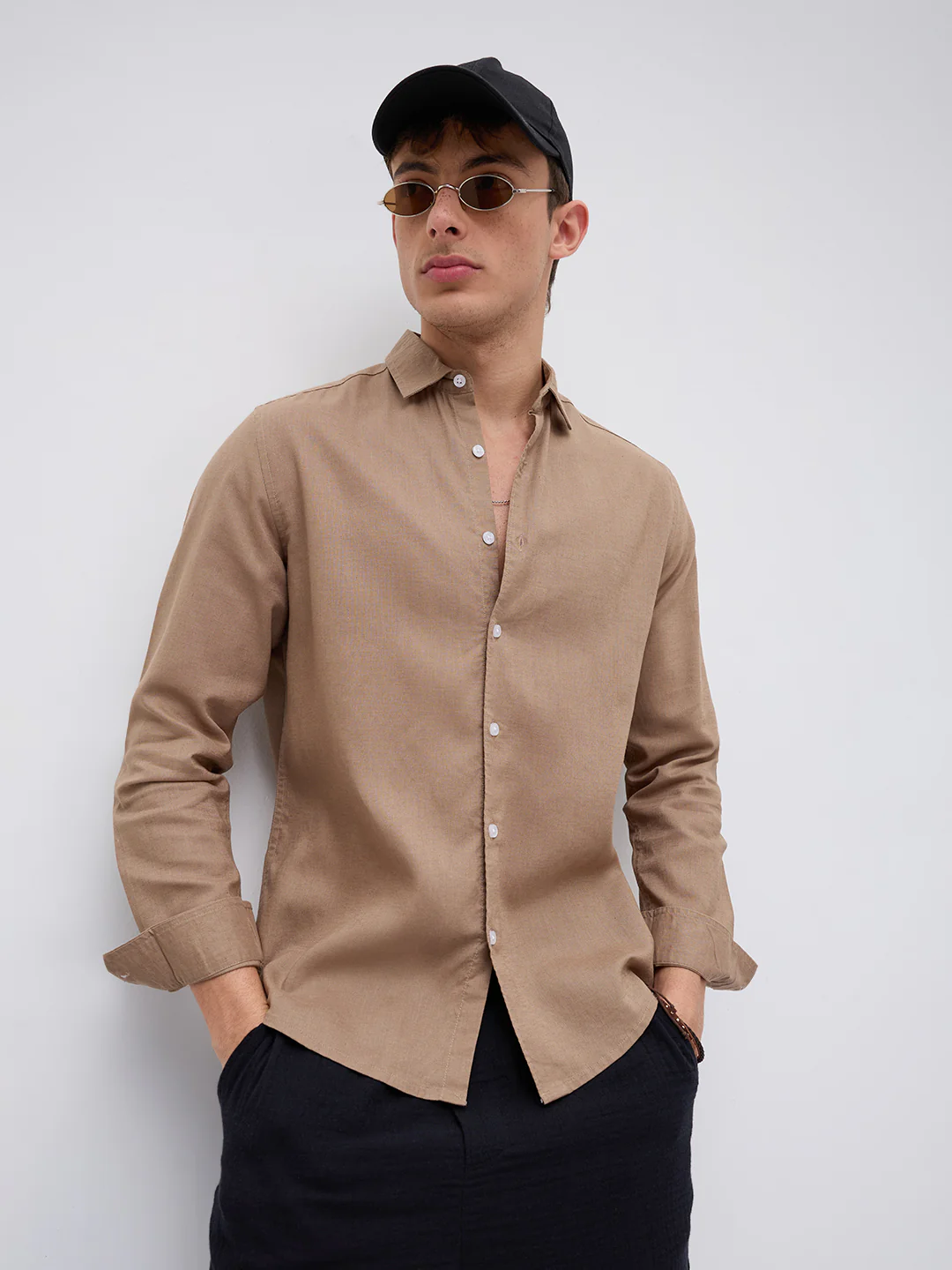 Elegant Pastel Brown Linen Blend Shirt - Image 4