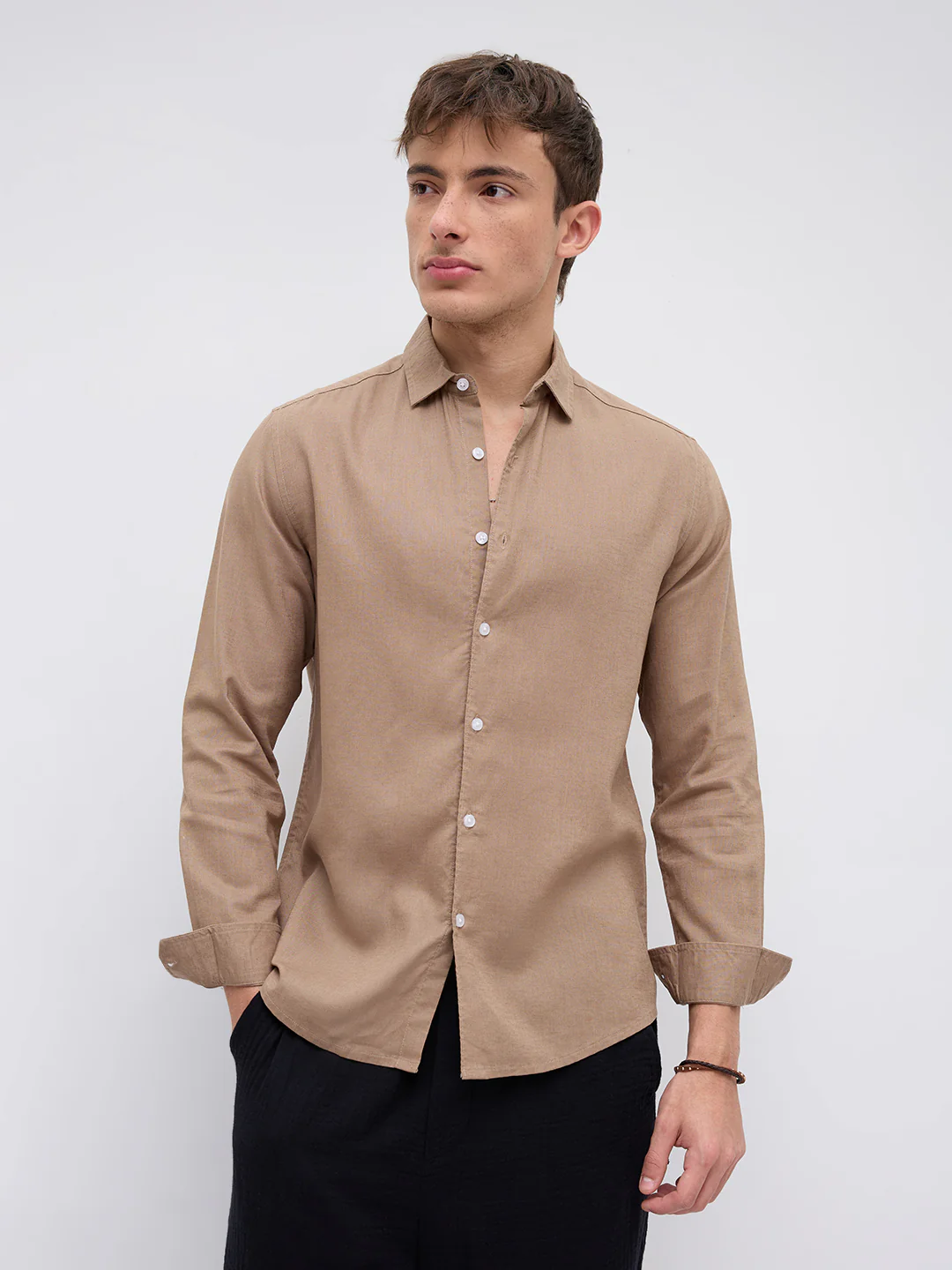 Elegant Pastel Brown Linen Blend Shirt - Image 5