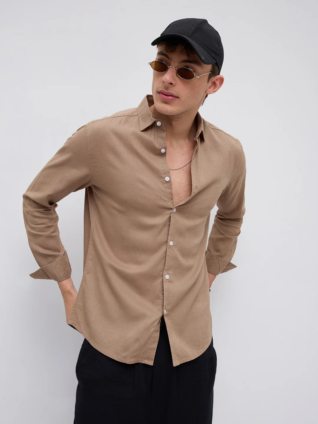 Elegant Pastel Brown Linen Blend Shirt - Image 6