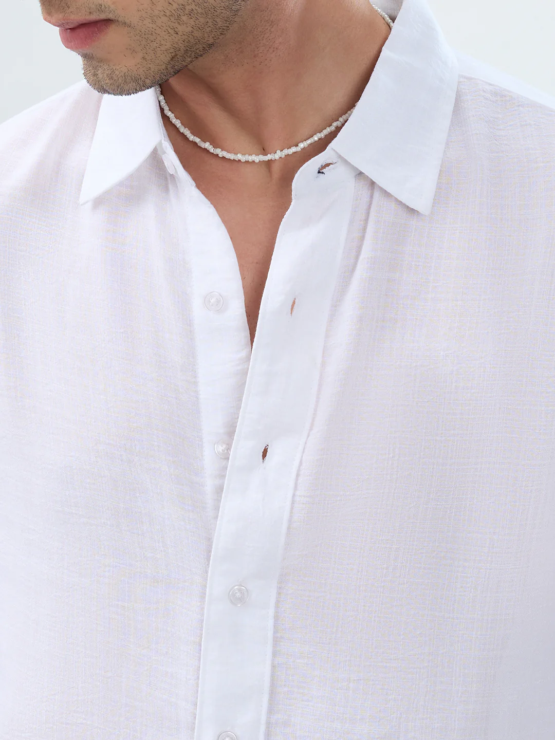 Elegant Pearl White Sheer-Weave Boxy Fit Crop Shirt - Image 3