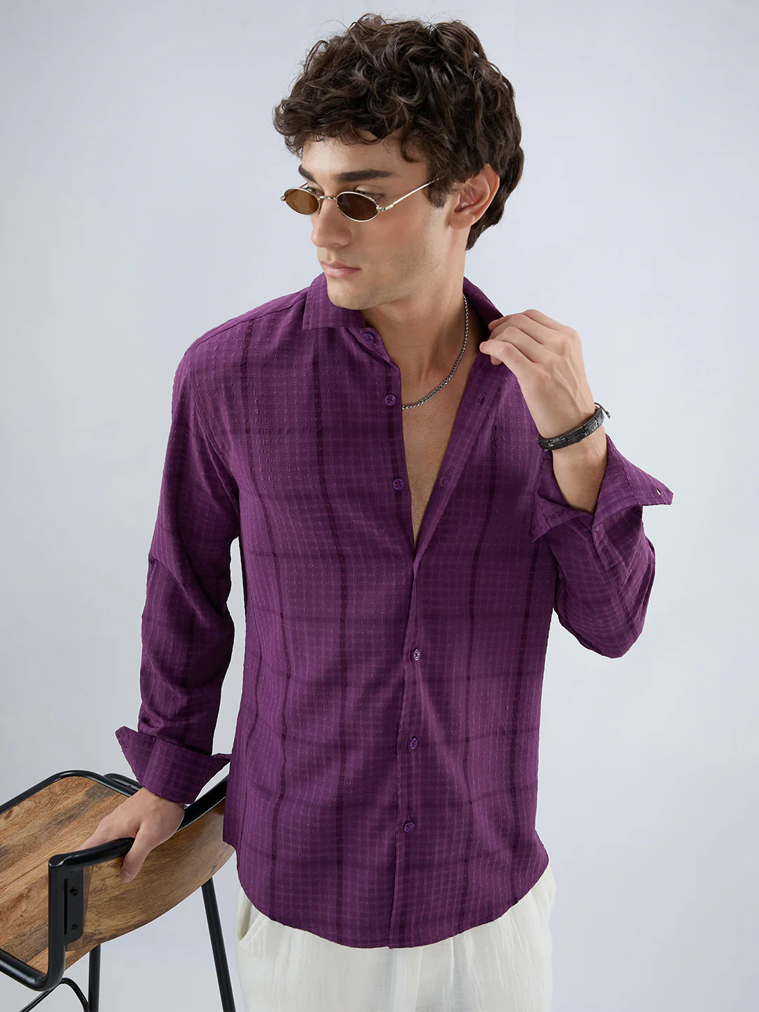 Elegant Plum Micro Checks Textured Shirt - Image 4
