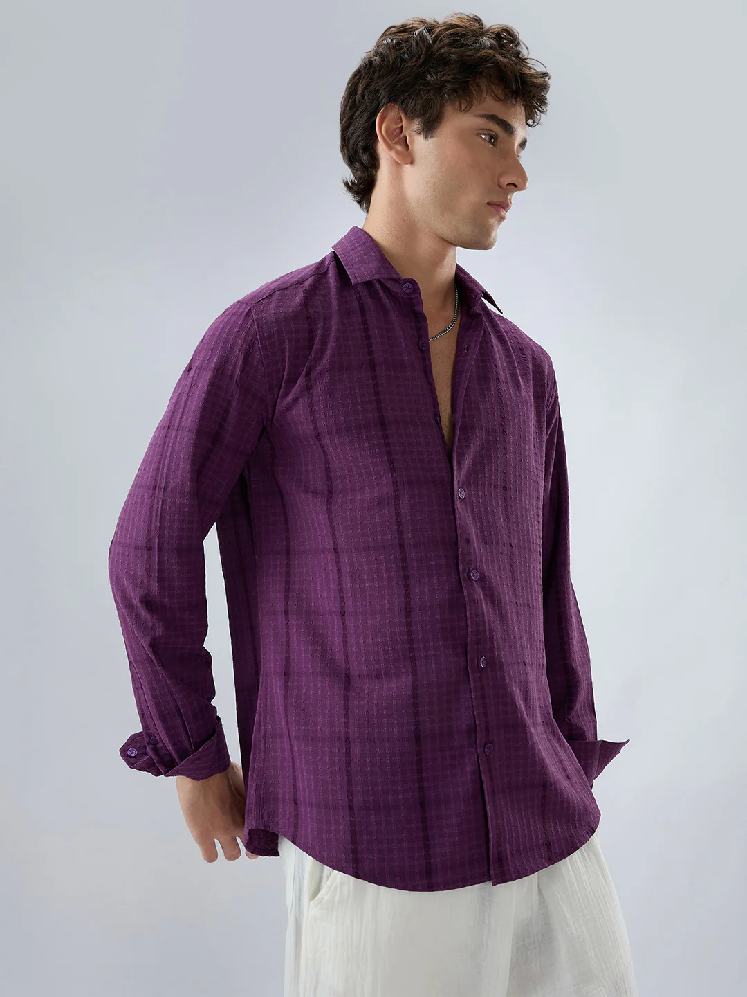 Elegant Plum Micro Checks Textured Shirt - Image 6