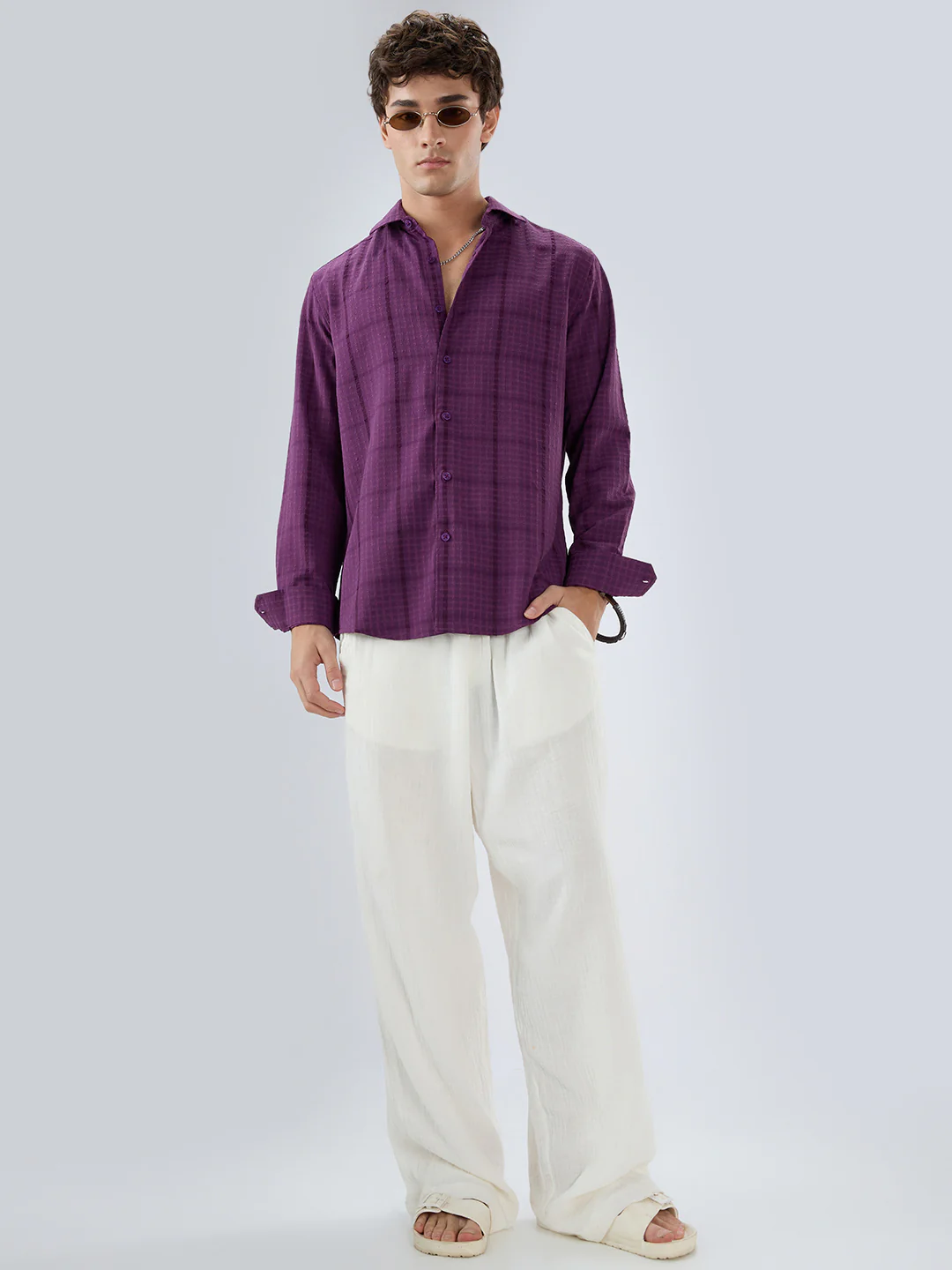 Elegant Plum Micro Checks Textured Shirt - Image 8