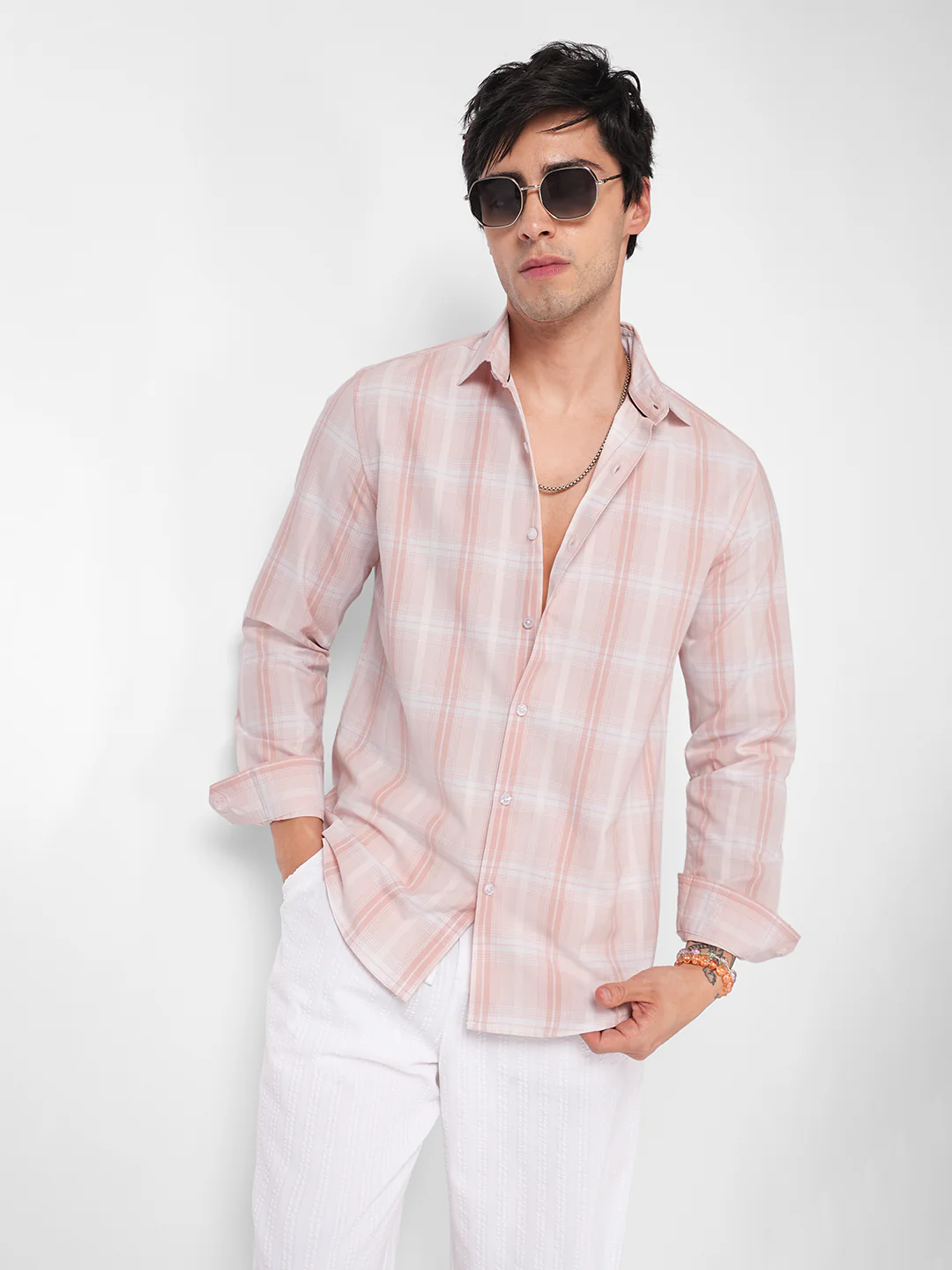 Elegant Soft Blush Peach Plaid Checks Shirt