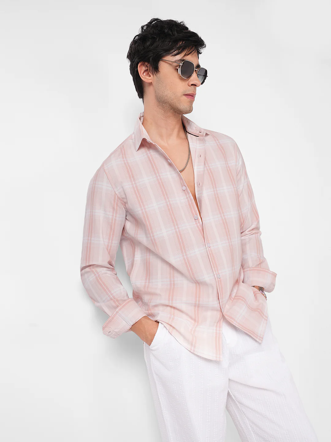 Elegant Soft Blush Peach Plaid Checks Shirt - Image 2