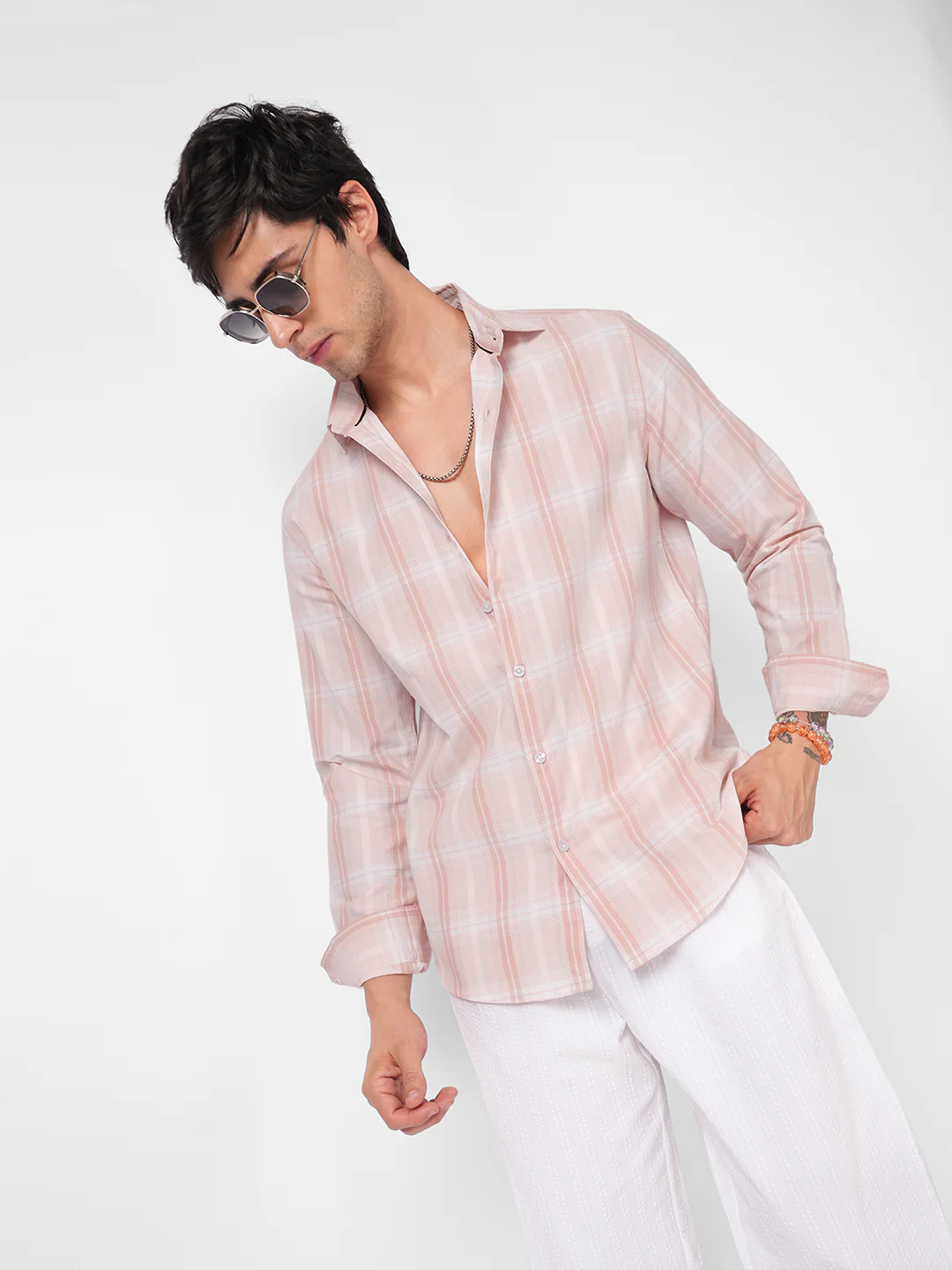 Elegant Soft Blush Peach Plaid Checks Shirt - Image 4