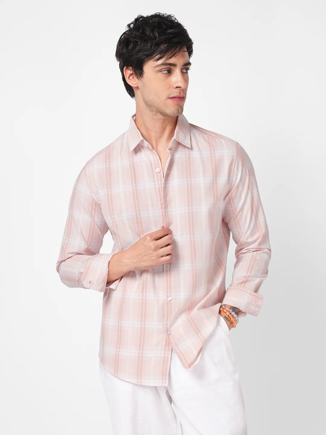 Elegant Soft Blush Peach Plaid Checks Shirt - Image 5