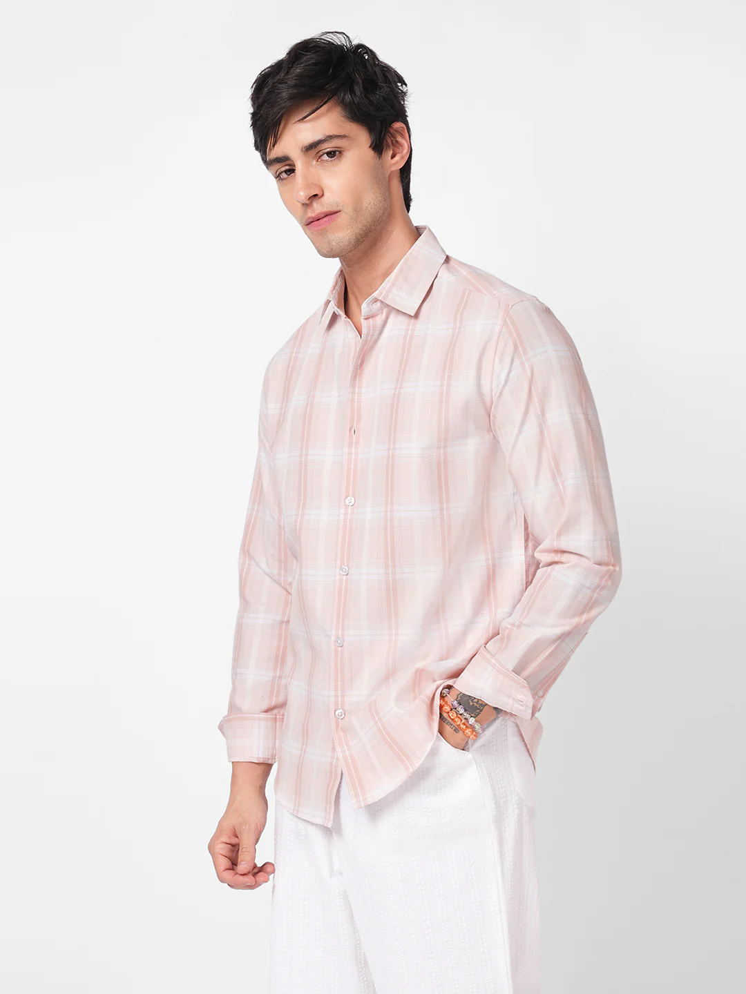 Elegant Soft Blush Peach Plaid Checks Shirt - Image 6