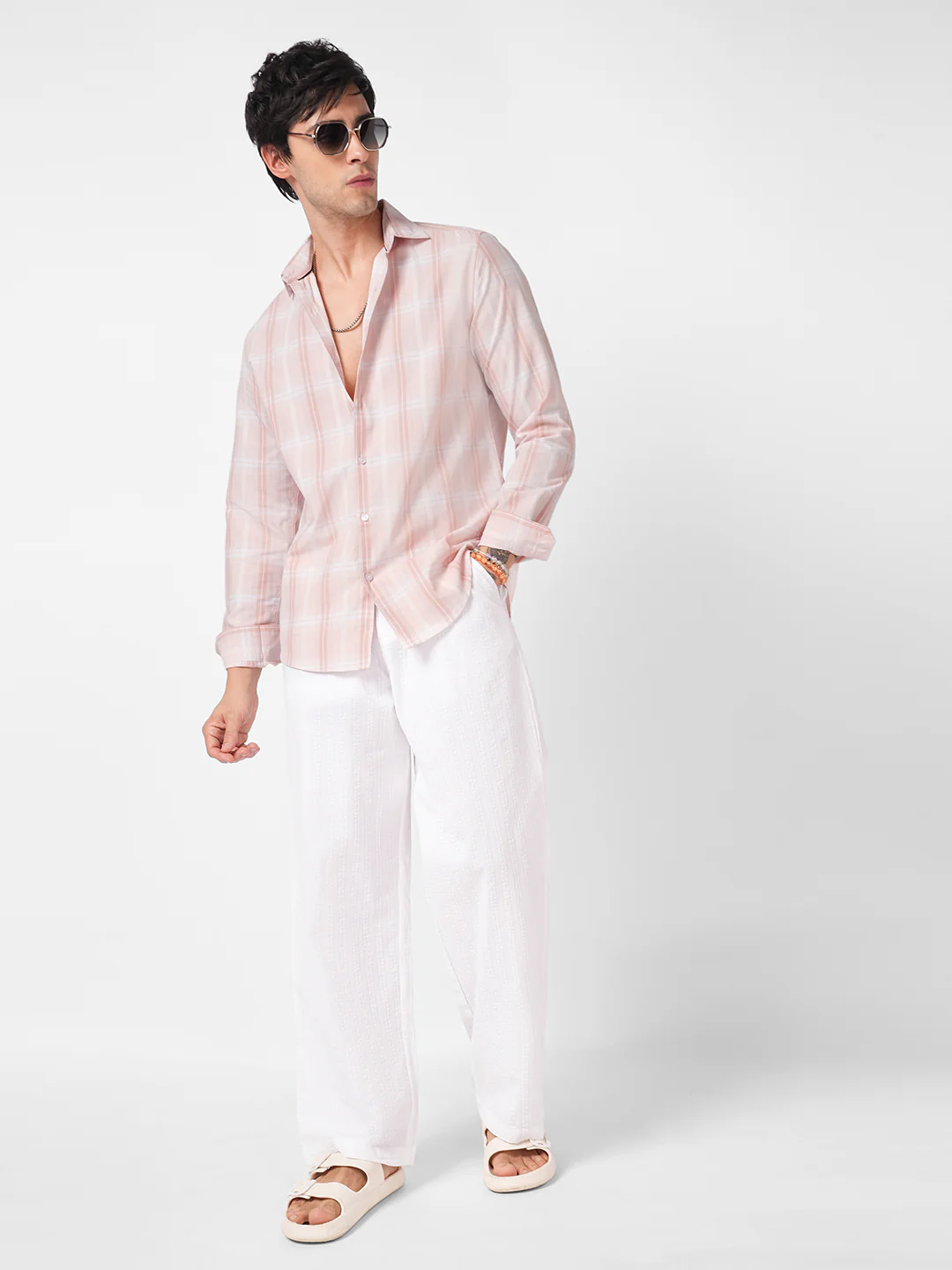 Elegant Soft Blush Peach Plaid Checks Shirt - Image 8