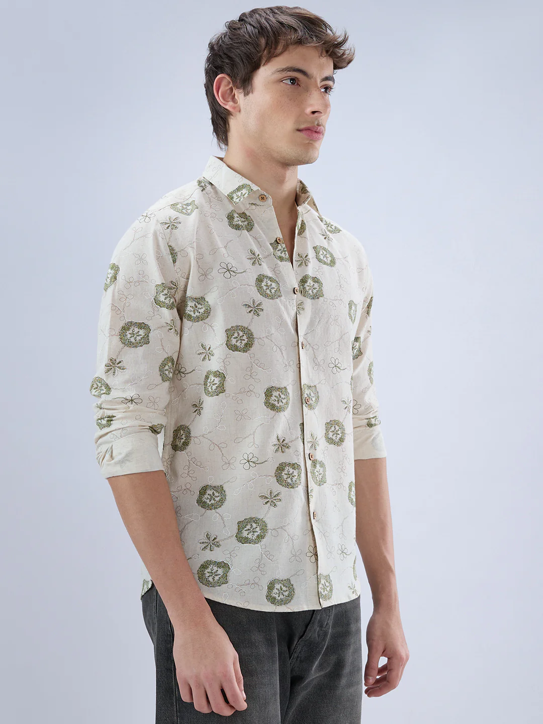 Elegant Warm Beige & Green Embroidered Linen Blend Statement Shirt - Image 5