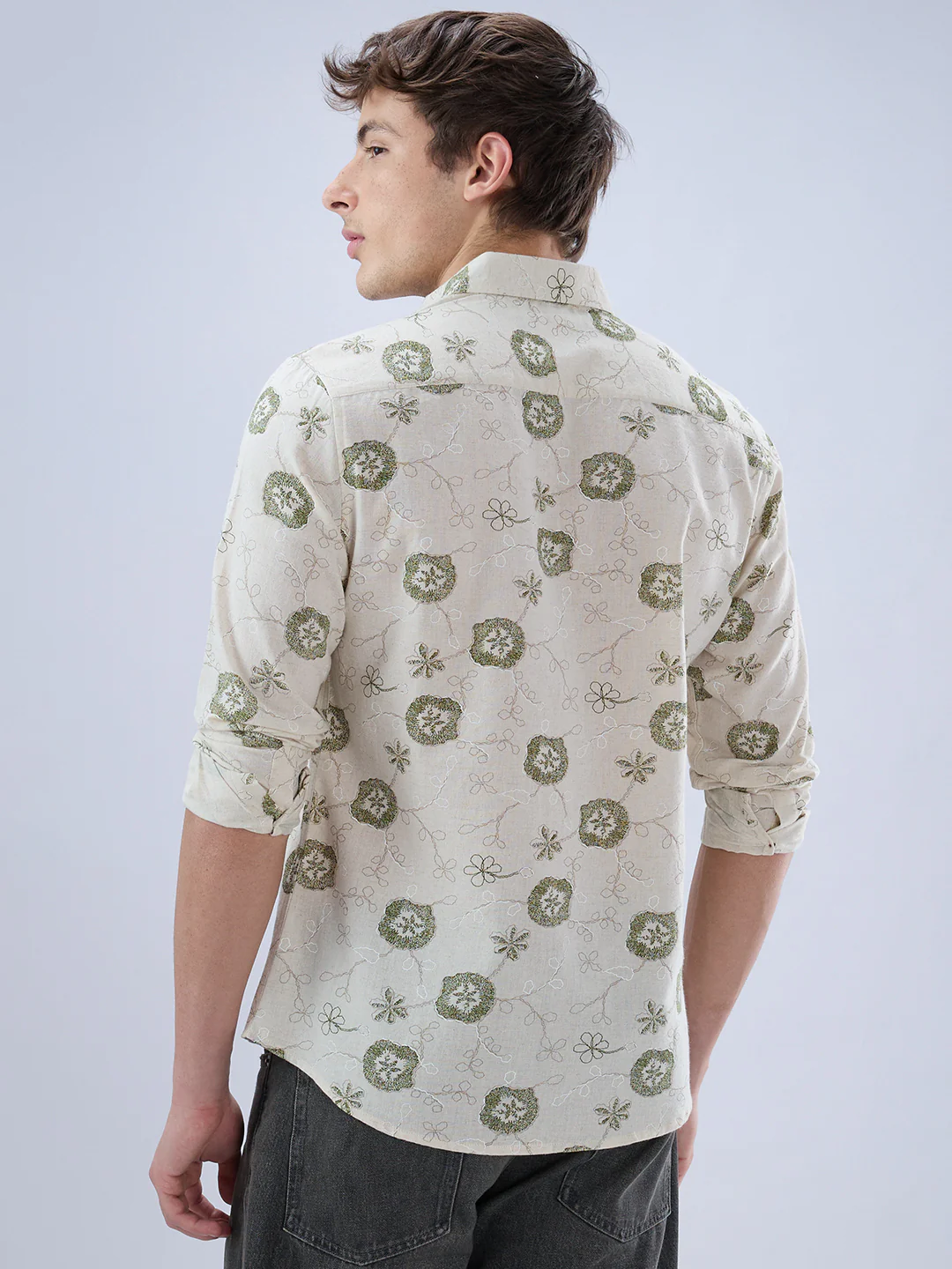 Elegant Warm Beige & Green Embroidered Linen Blend Statement Shirt - Image 6