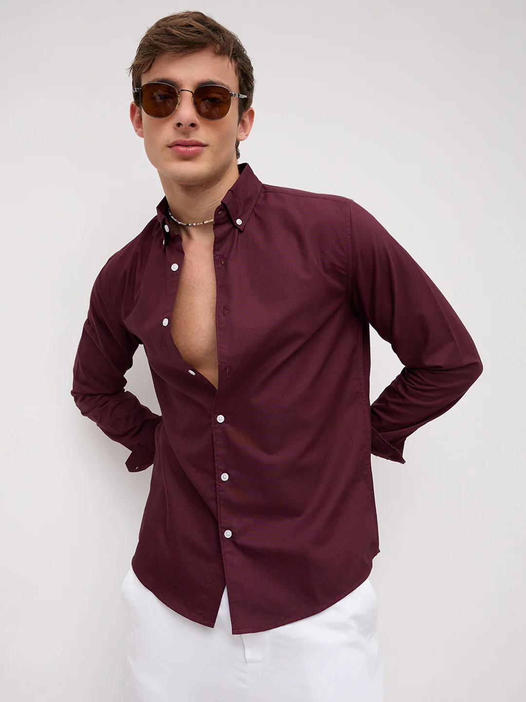 Elegant Wine Oxford Button-Down Collar Business Shirt - Image 4