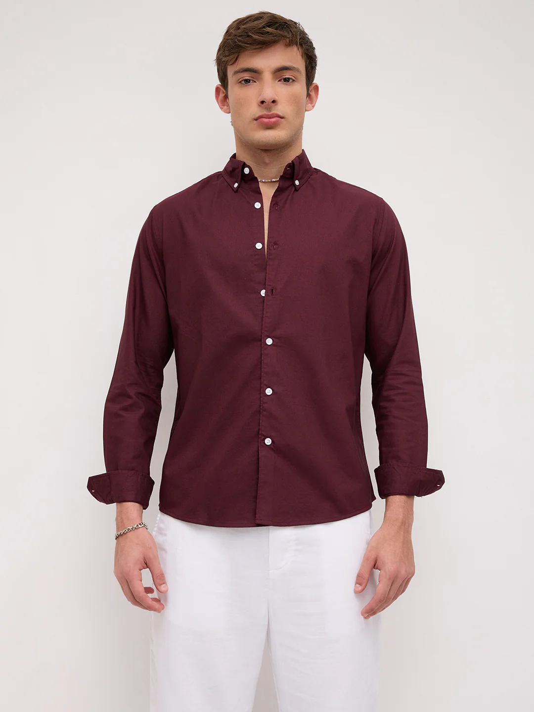 Elegant Wine Oxford Button-Down Collar Business Shirt - Image 5