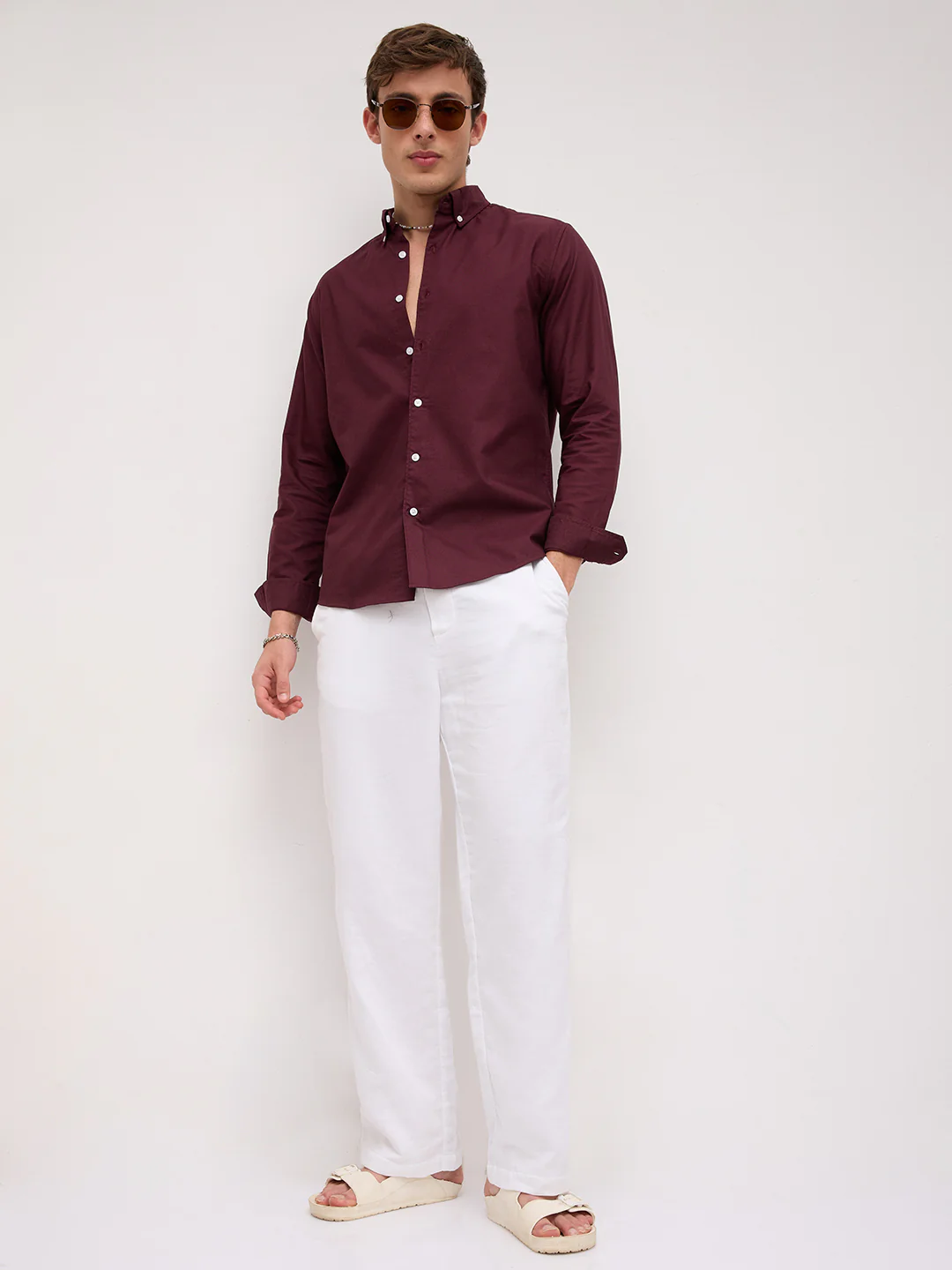 Elegant Wine Oxford Button-Down Collar Business Shirt - Image 8