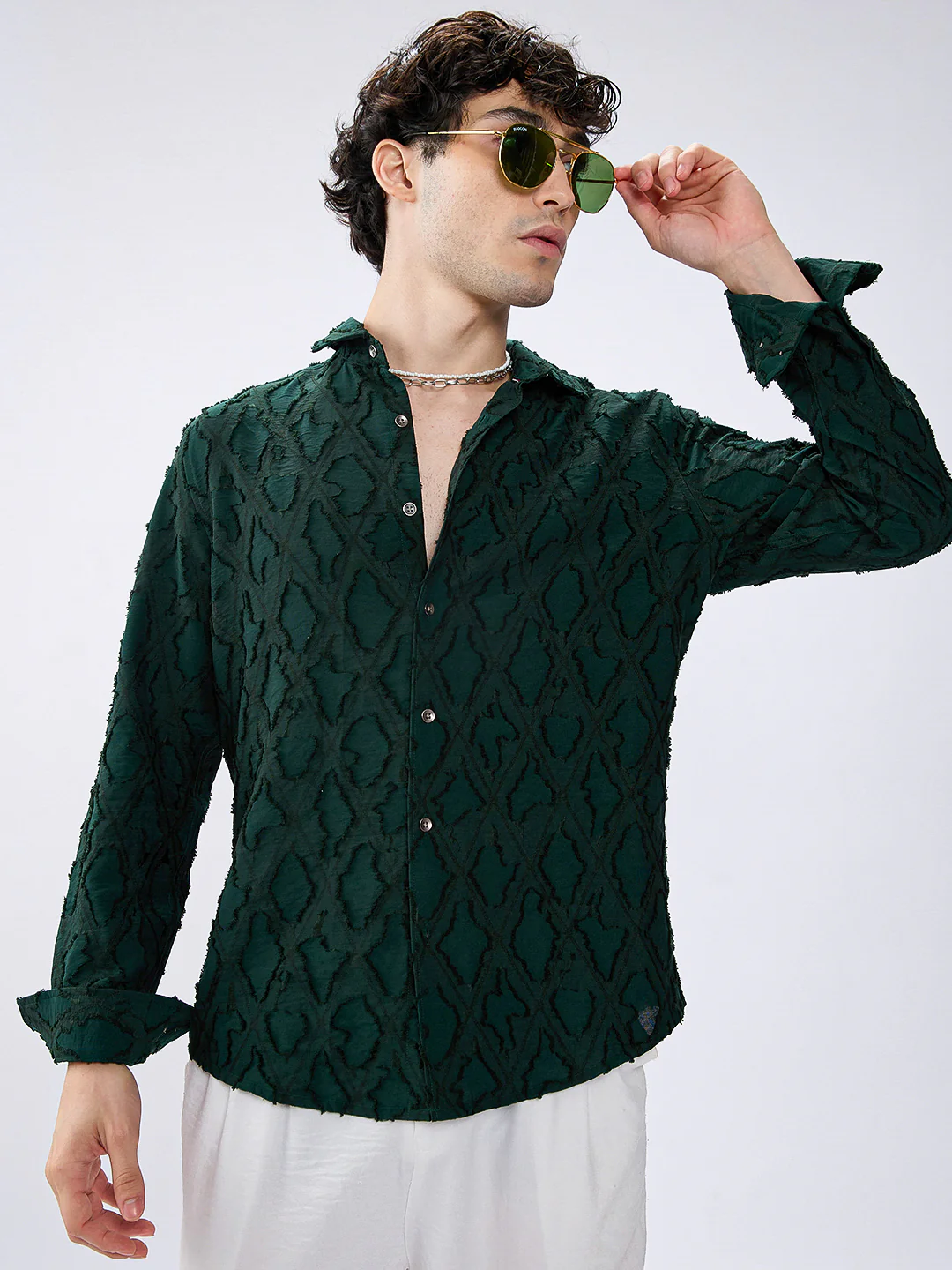 Emerald Green Lozenge Embossed Frayed Shirt - Image 2