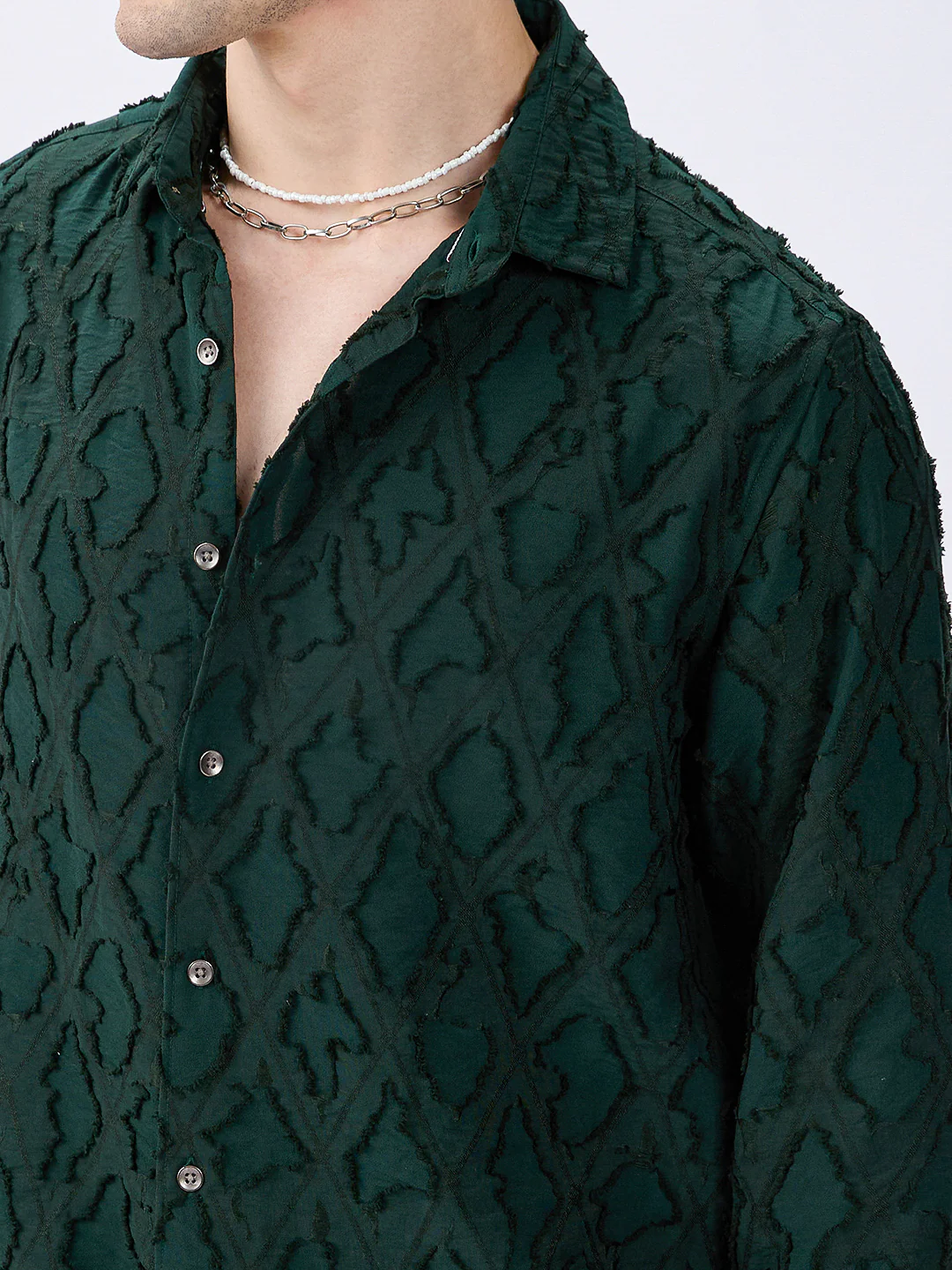 Emerald Green Lozenge Embossed Frayed Shirt - Image 3