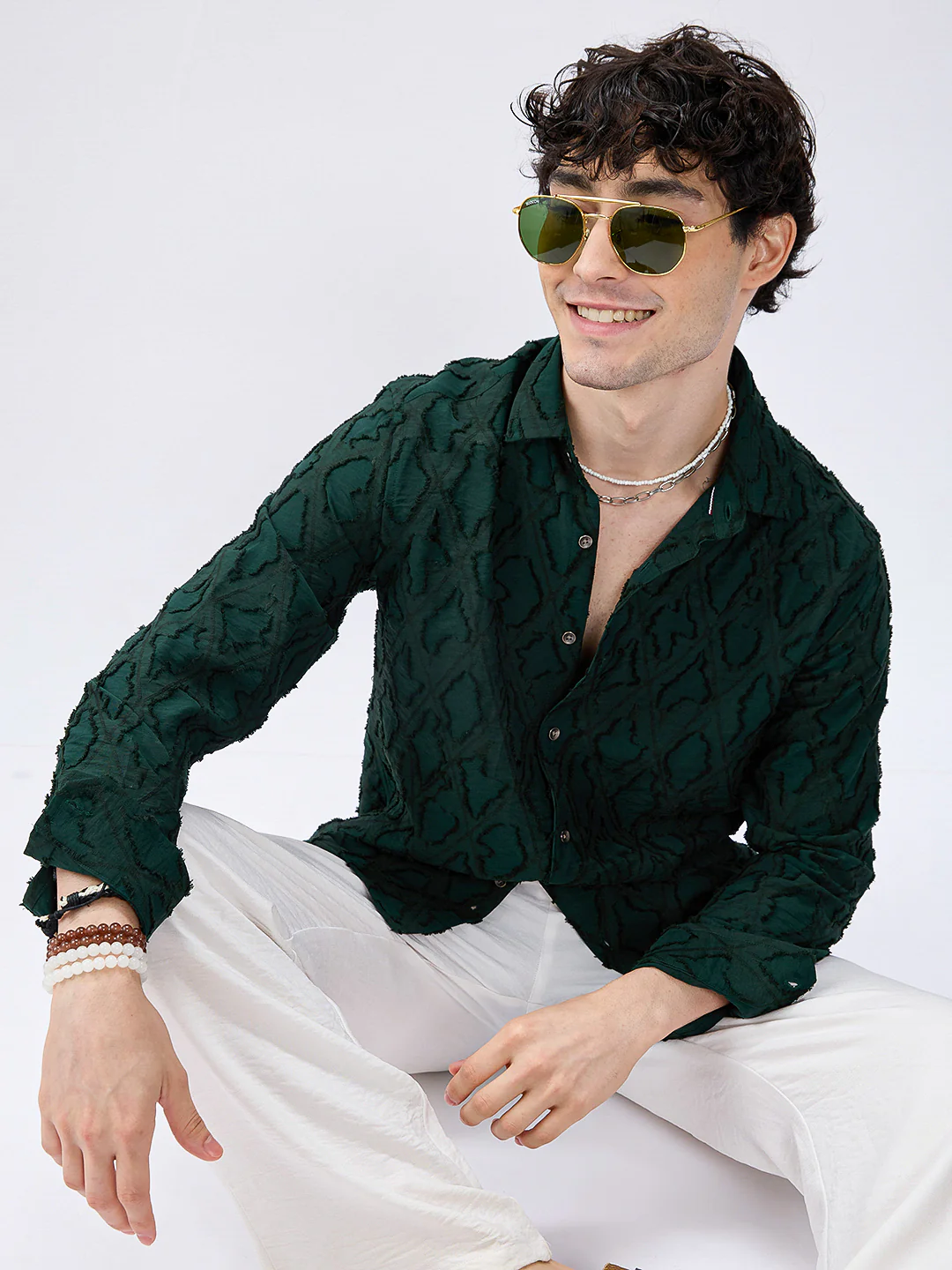 Emerald Green Lozenge Embossed Frayed Shirt - Image 4