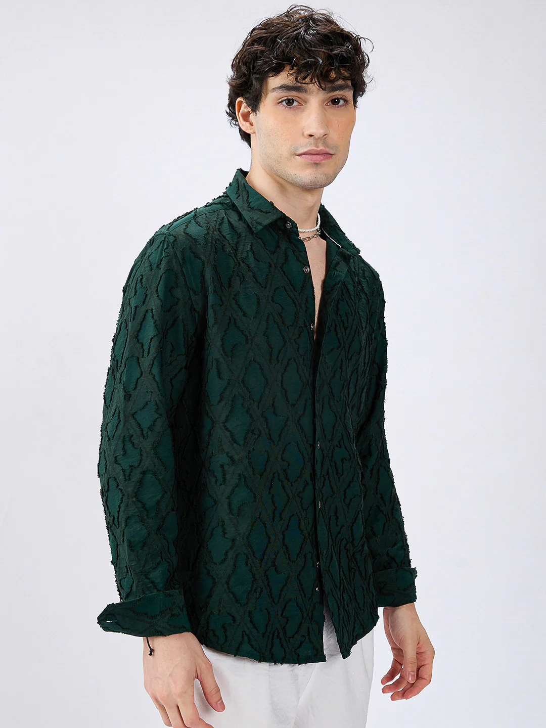 Emerald Green Lozenge Embossed Frayed Shirt - Image 6