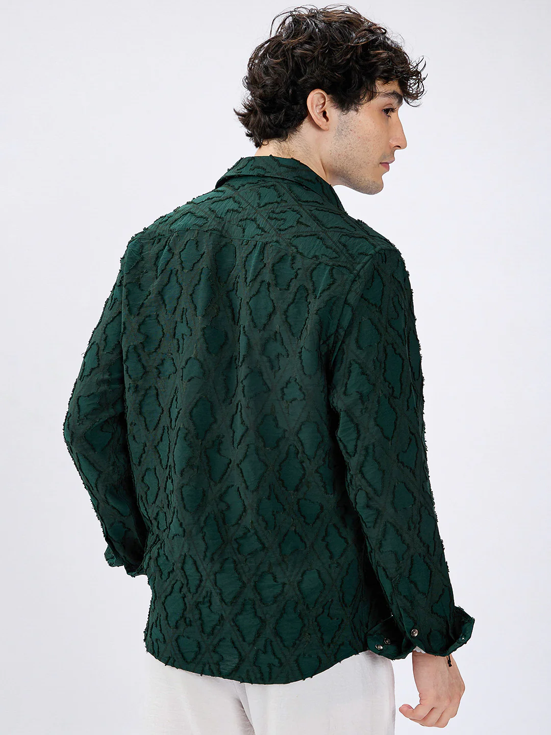 Emerald Green Lozenge Embossed Frayed Shirt - Image 7