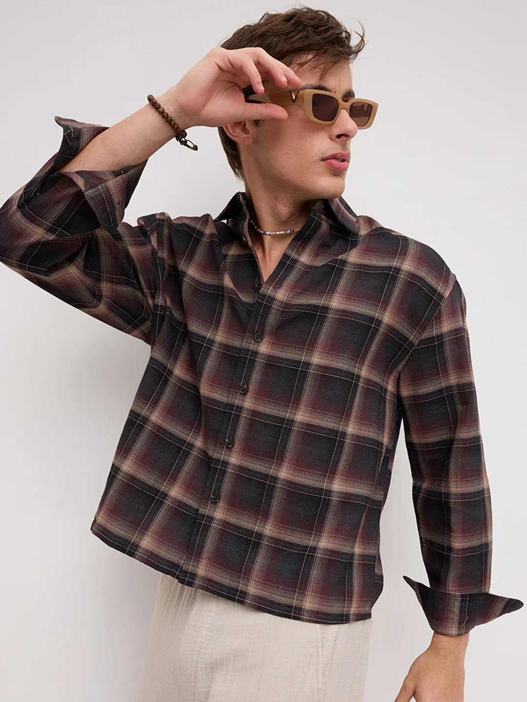 Espresso Ombre Checks Boxy Fit Crop Shirt - Image 2