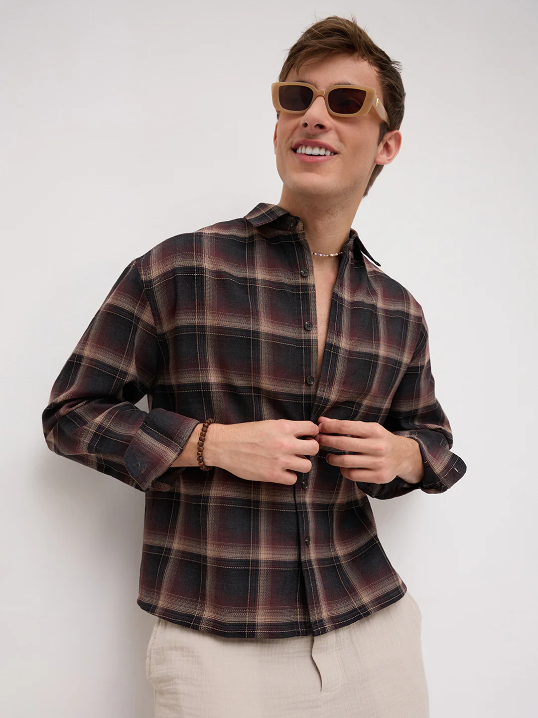 Espresso Ombre Checks Boxy Fit Crop Shirt - Image 5