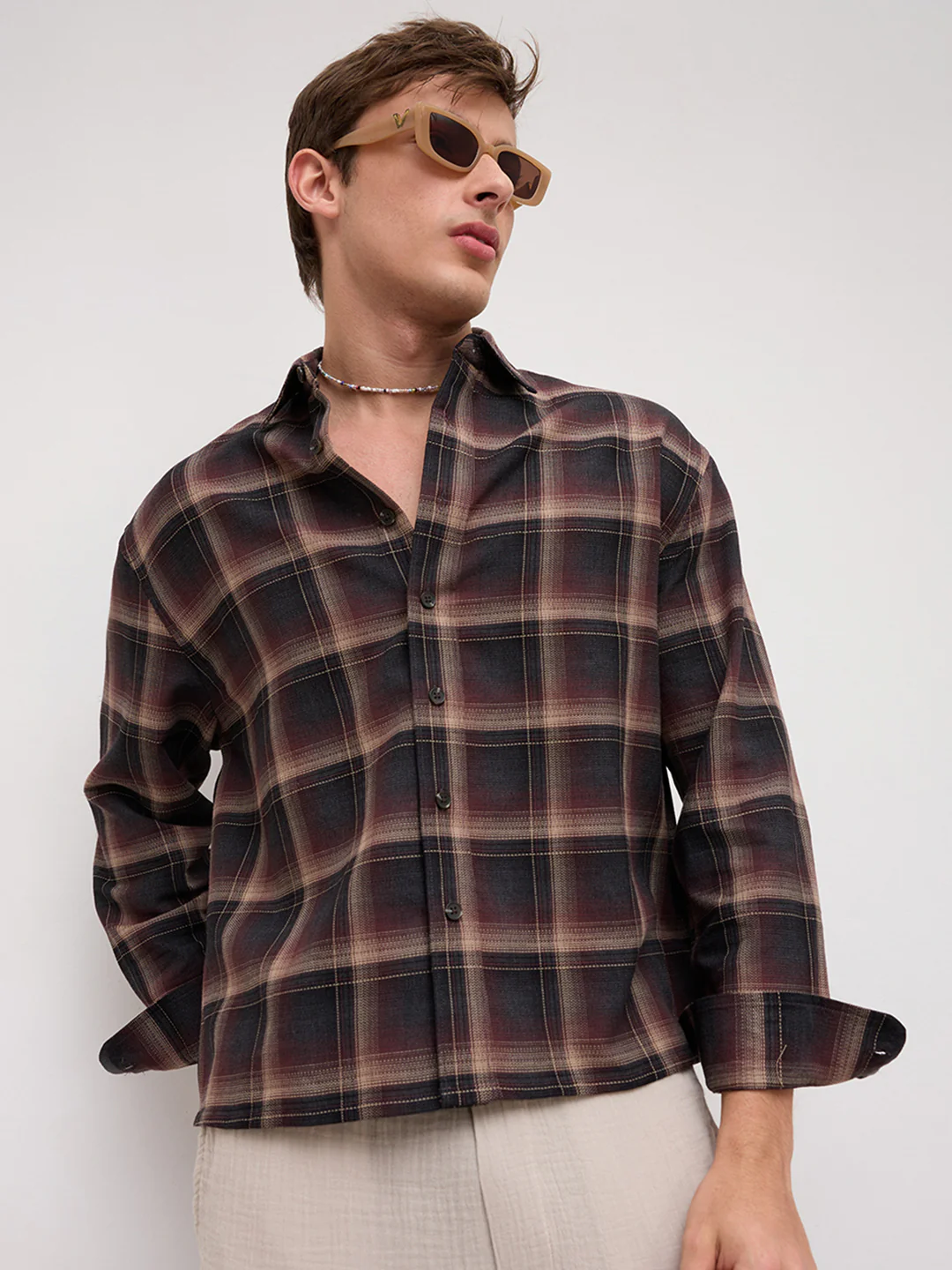 Espresso Ombre Checks Boxy Fit Crop Shirt - Image 6