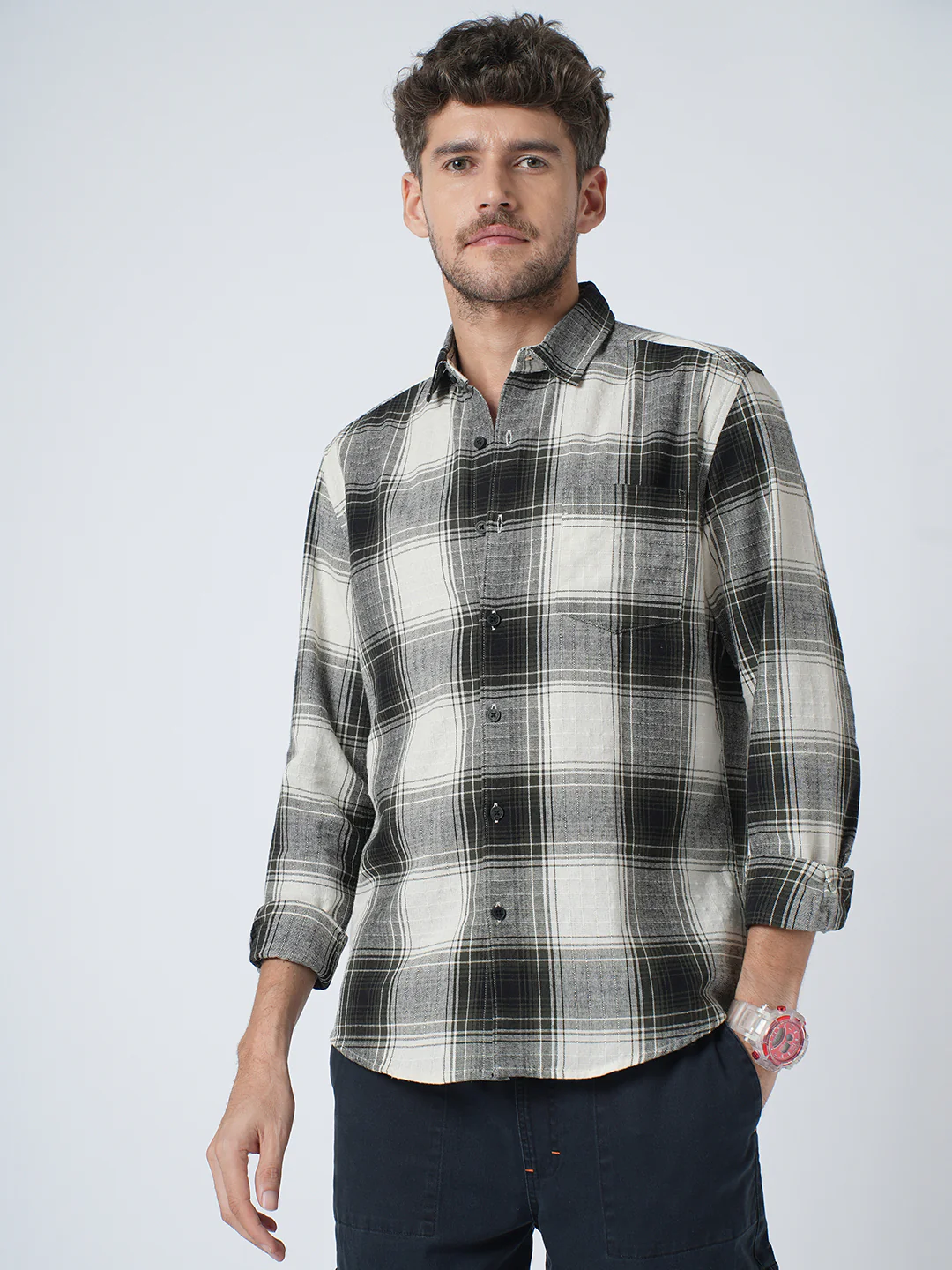 Everyday Olive Broad Checks Linen Blend Shirt - Image 5