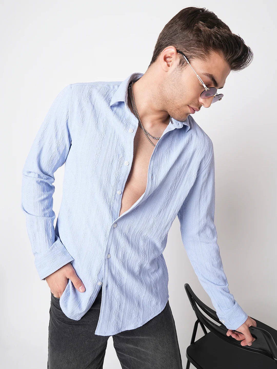 Exquisite Baby Blue Jacquard Shirt
