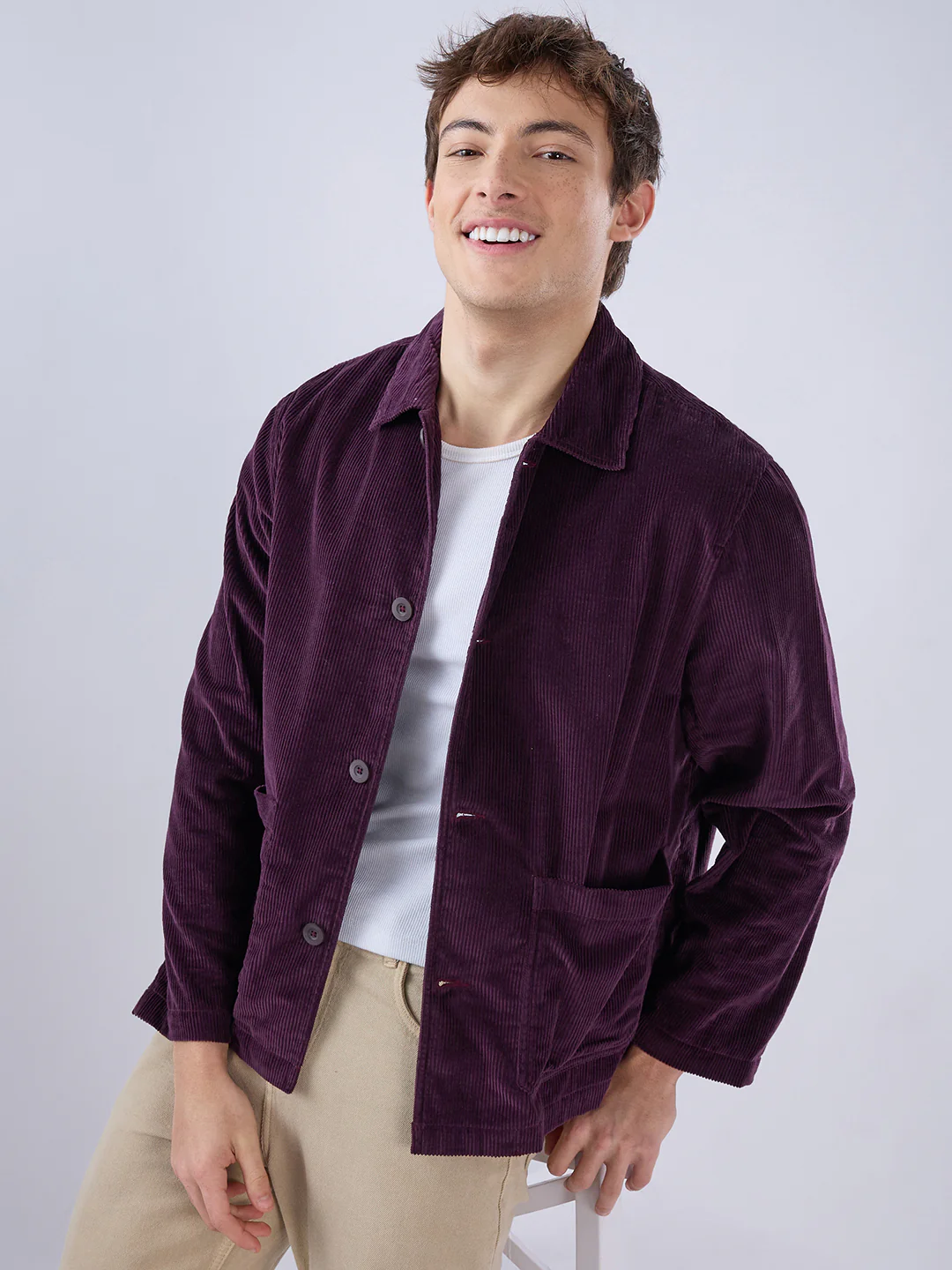 Exquisite Wine Corduroy Double Pocket Oversized Shacket