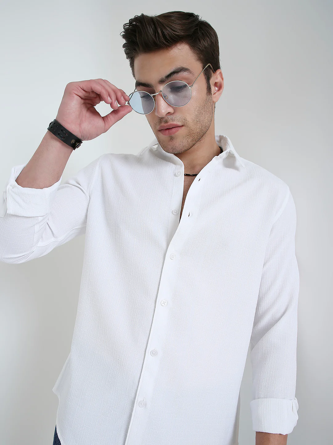 Feather White Elegant Grid Textured Shirt