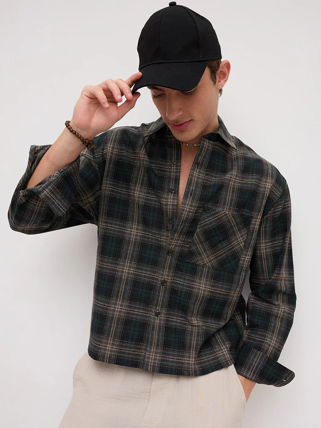 Forest Black Multi Line Plaid Checks Boxy Fit Crop Shirt - Image 2