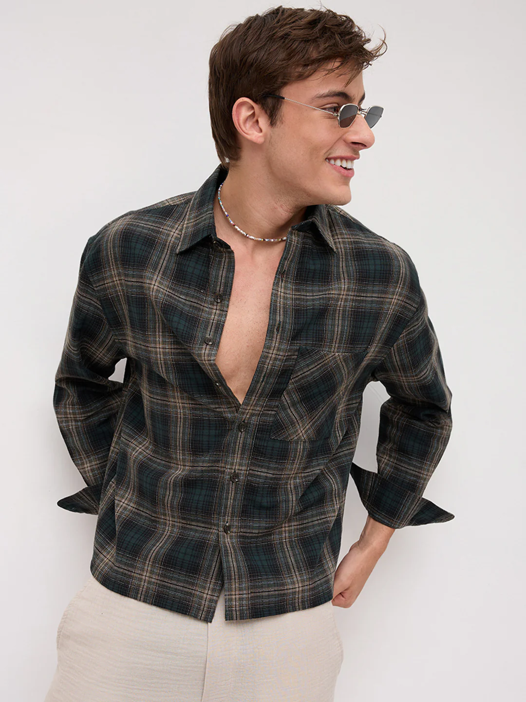 Forest Black Multi Line Plaid Checks Boxy Fit Crop Shirt - Image 4